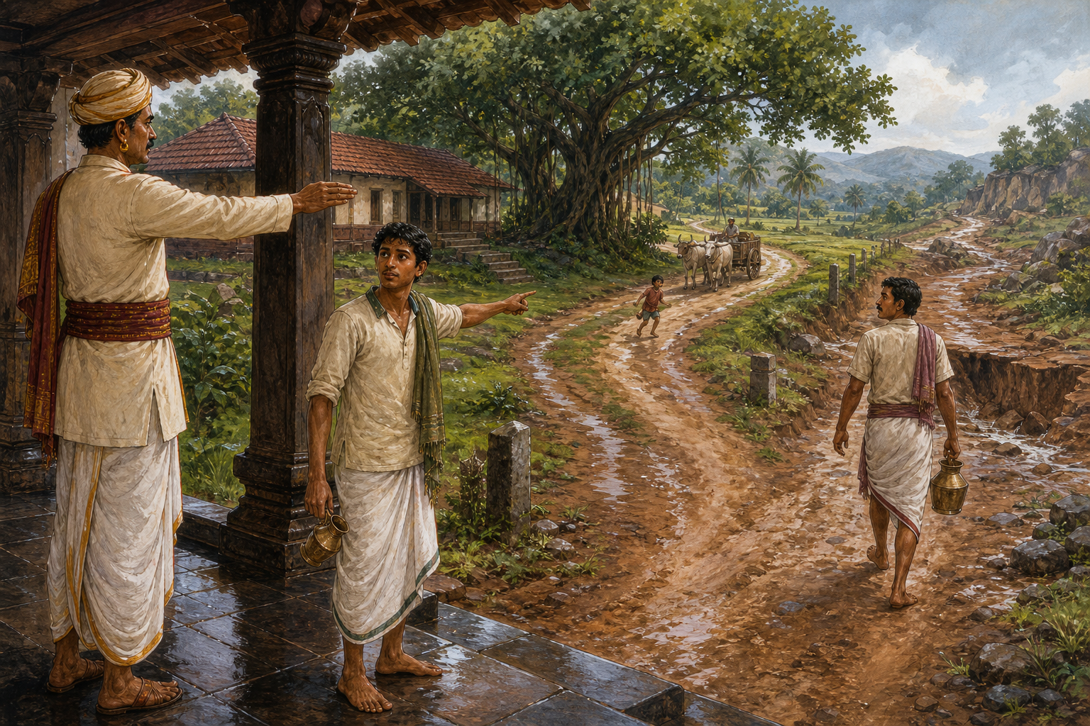 Two attendants respond differently to one gesture, with one assessing a hazardous road while the other proceeds without looking.