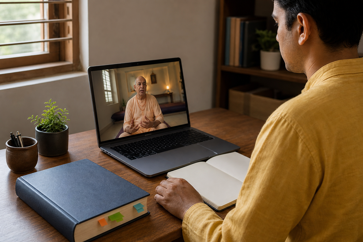 A seated worshipper listens closely to a scriptural teacher on a laptop, with a closed tabbed scripture and blank notebook in the foreground.