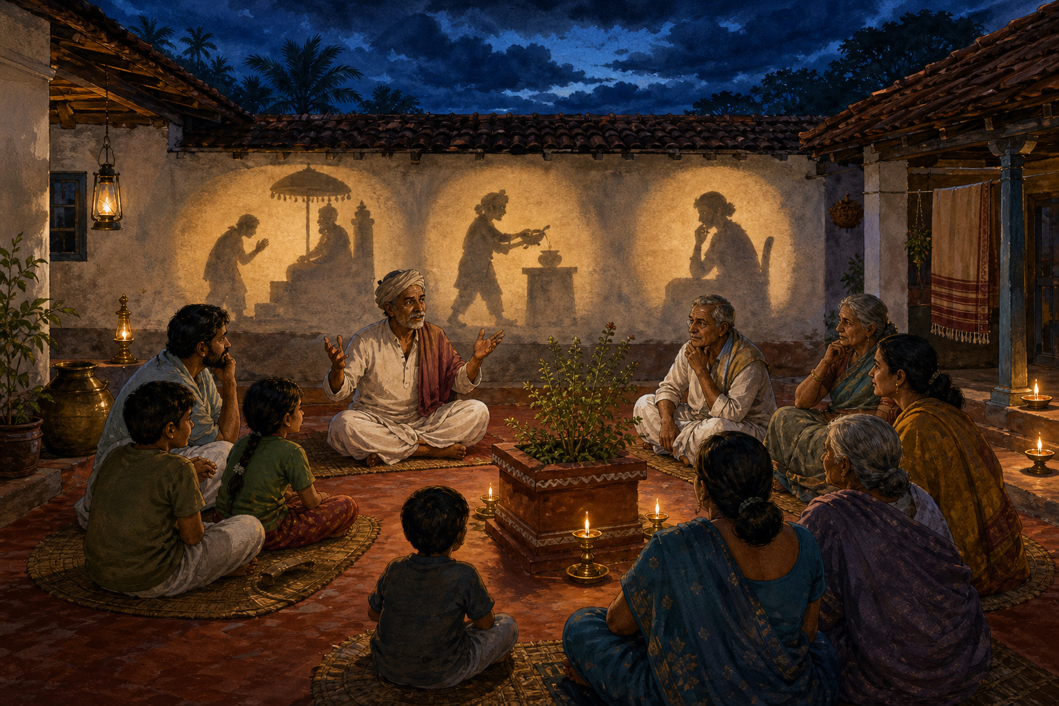 A storyteller recounts a folktale to several generations in a lamp-lit Karnataka courtyard as narrative silhouettes appear on the wall.