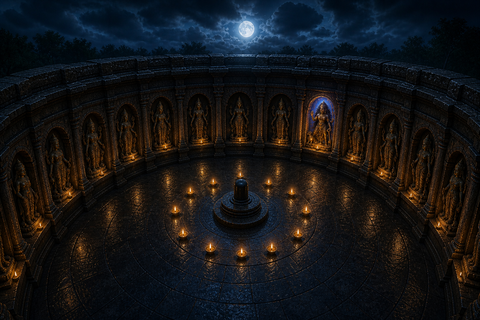 A circular granite shrine contains twelve niches with forms of Devi, while the niche of Kalaratri is highlighted beside a central Shiva linga and twelve oil lamps.