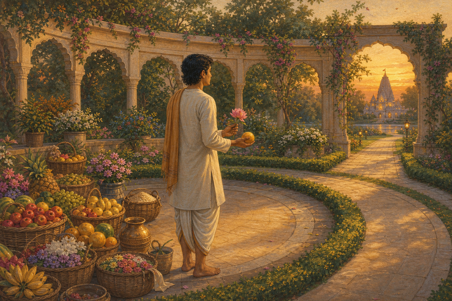 A devotee leaves baskets of grain, fruit, and flowers in a garden and carries a fruit and flower toward a distant temple.