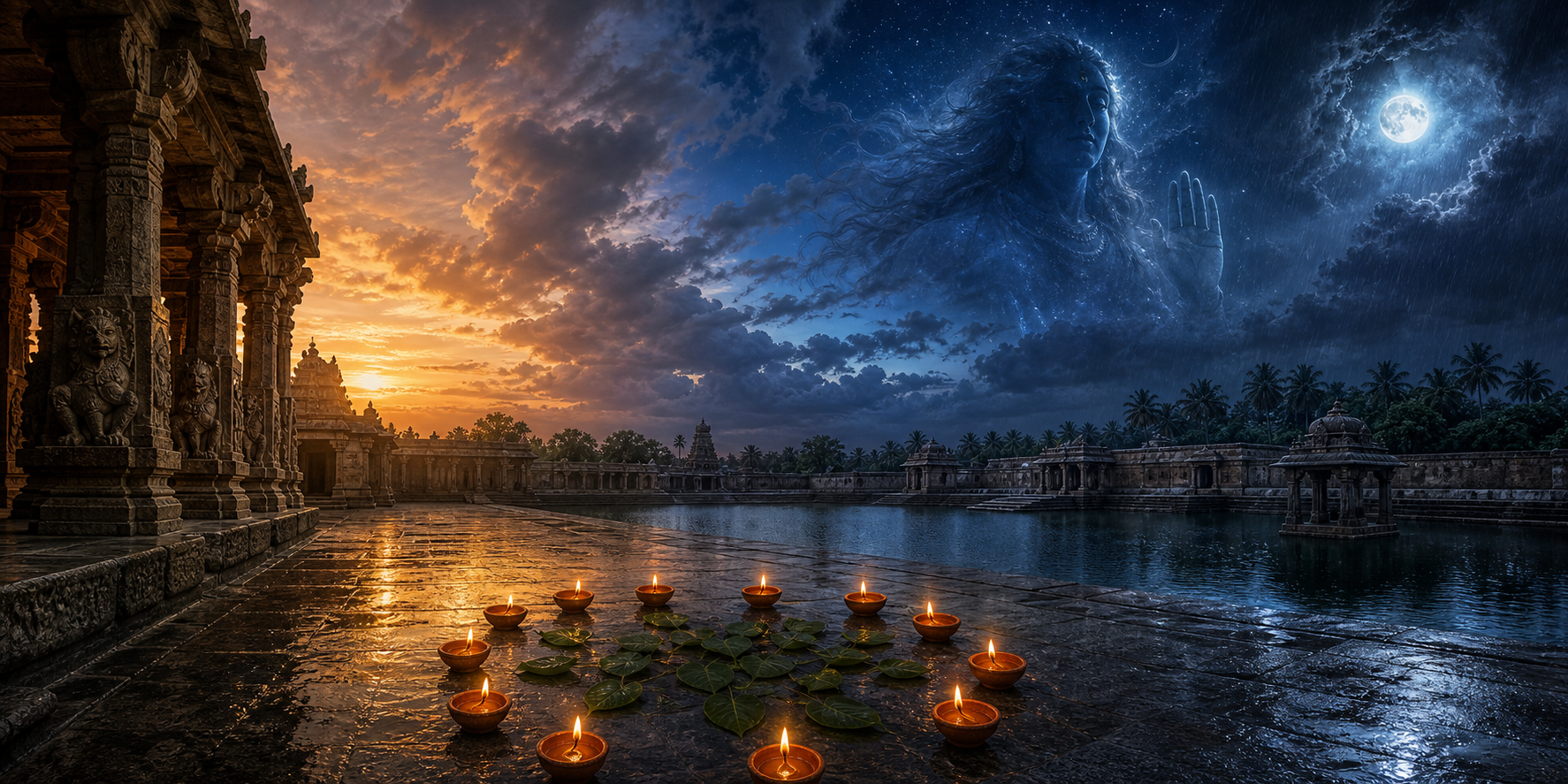 A Tamil Shiva temple courtyard shifts from sunlight to moonlit night, with twelve clay lamps and a translucent form of Kalaratri appearing in the monsoon sky.