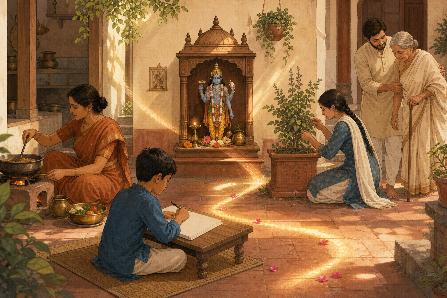Family members cook, tend a Tulasi plant, study, and care for an elder around a small lamp-lit Vishnu shrine in a courtyard.