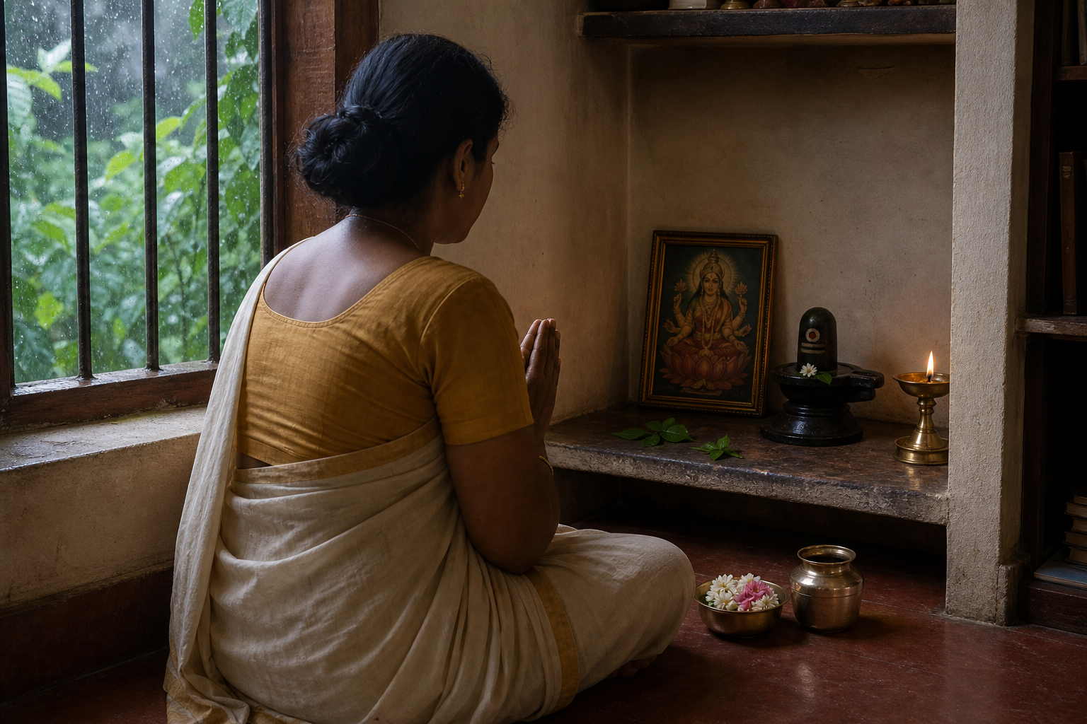 A devotee sits with joined hands before a simple home shrine containing a Devi image, a Shiva linga, one oil lamp, flowers, leaves, and water.
