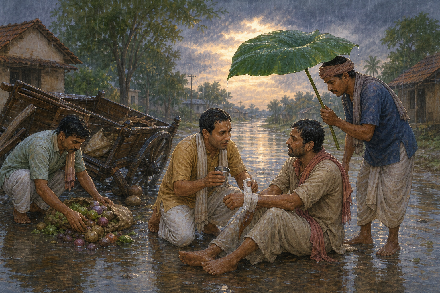 Three people help an injured traveler beside a damaged handcart on a rain-washed village road.