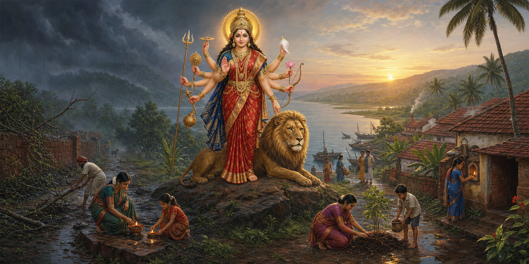 Durga holds a white conch and raises a protective hand above a Konkan village where people relight lamps, clear paths, and tend a young tree at dawn.