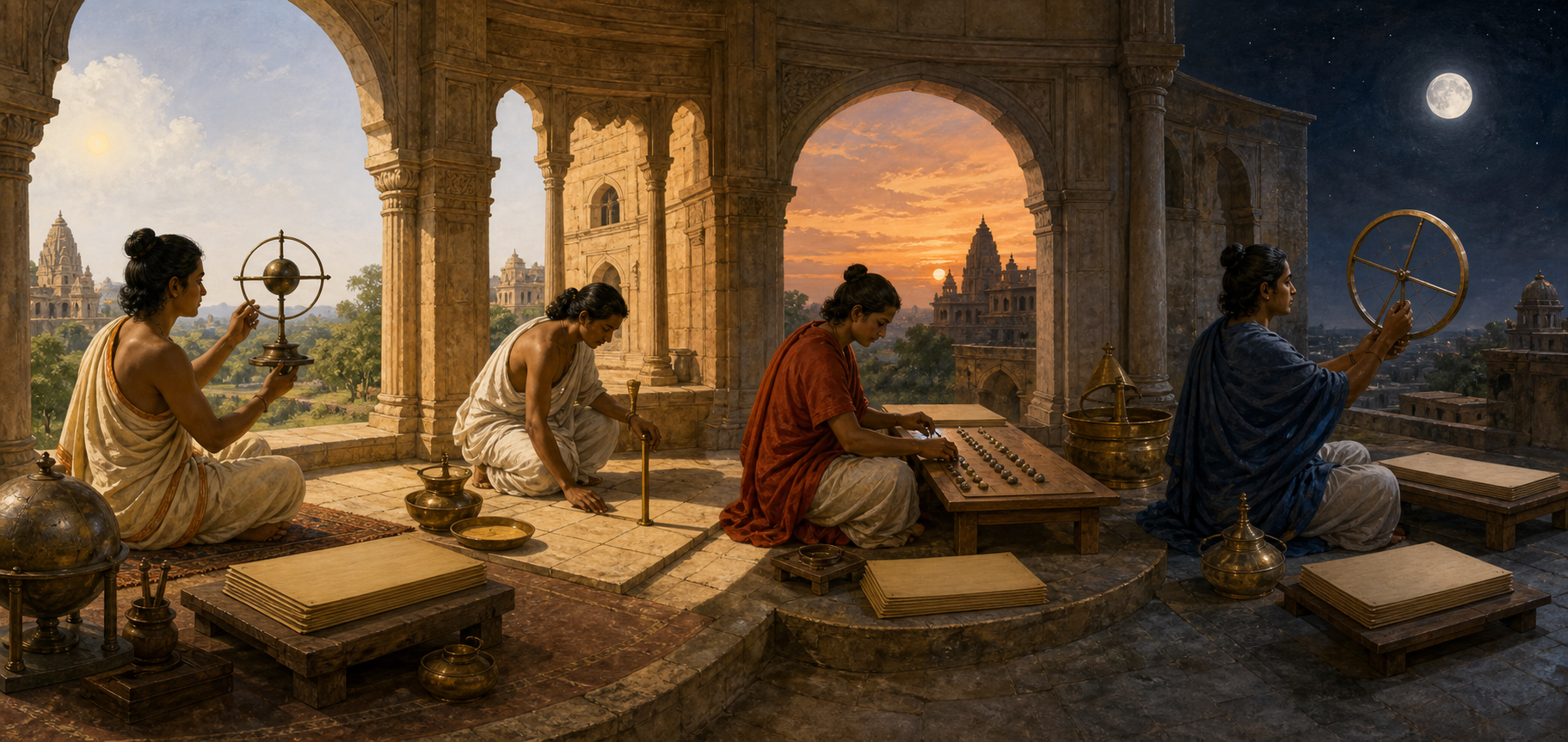 Four historical astronomy work areas show scholars using a globe, a shadow stick, counting stones, and a ring instrument across different periods.