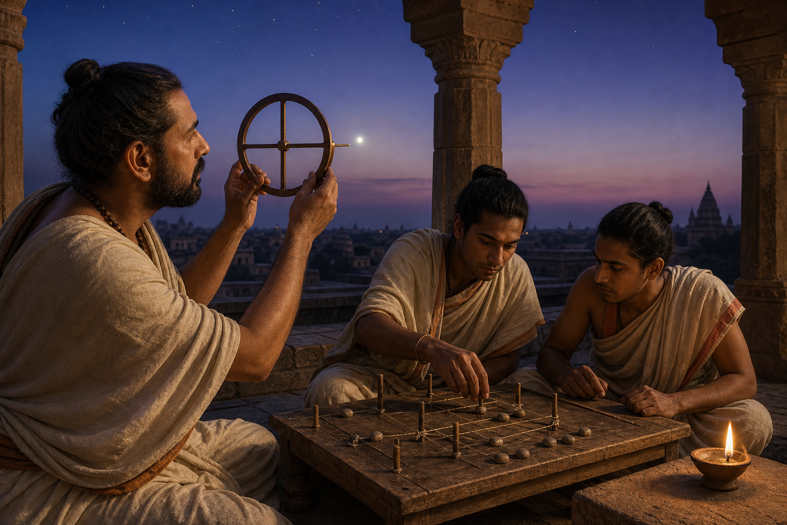 An imagined sixth-century scholar and two assistants compare a ring-instrument sighting with cords, pegs, and counting stones at twilight.
