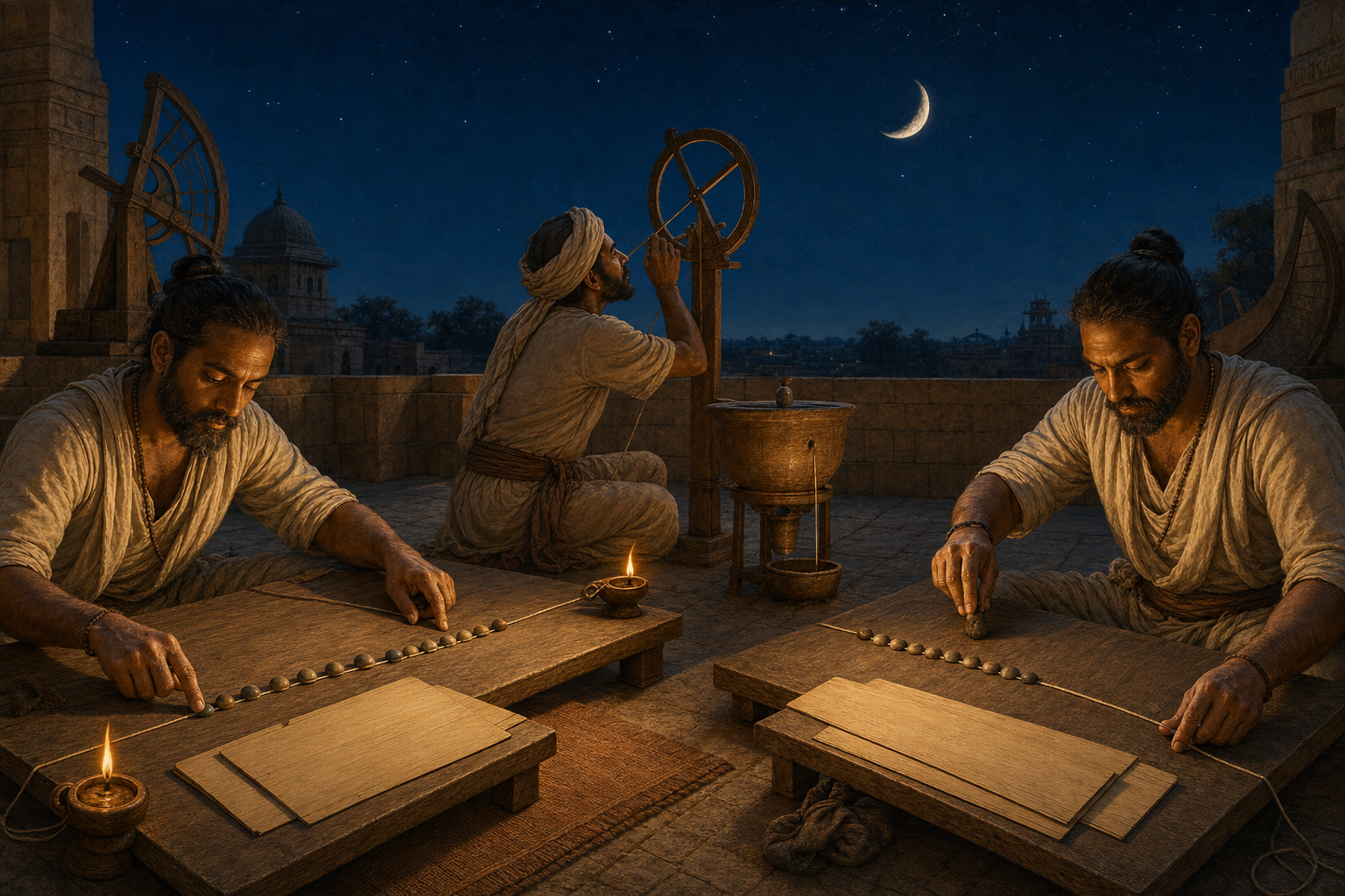 Scholars calculate a lunar position, observe the crescent Moon through a ring, and adjust counting stones in response.