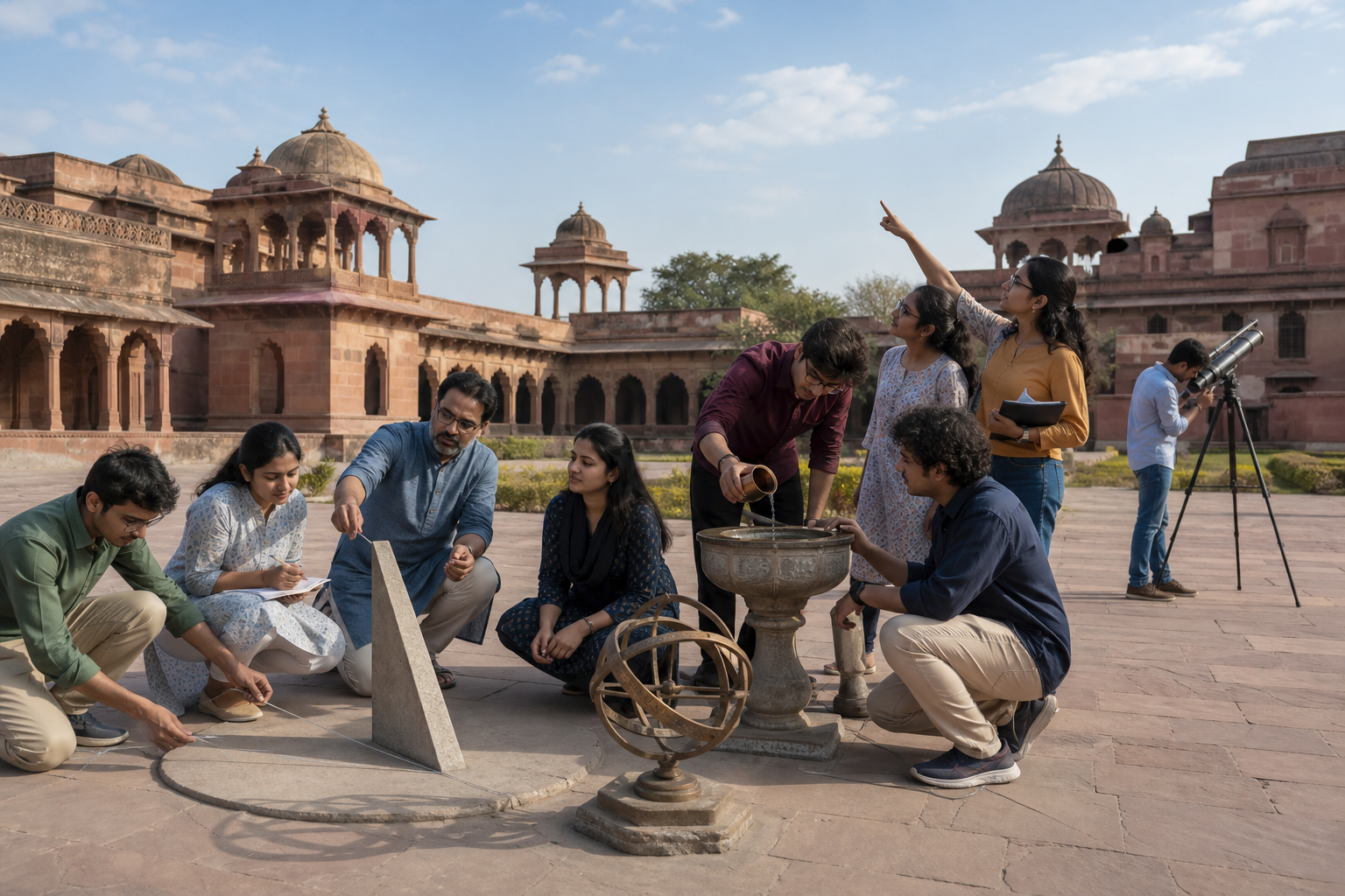Students in a modern museum courtyard test replicas of a gnomon, water clock, and armillary sphere under a teacher's guidance.