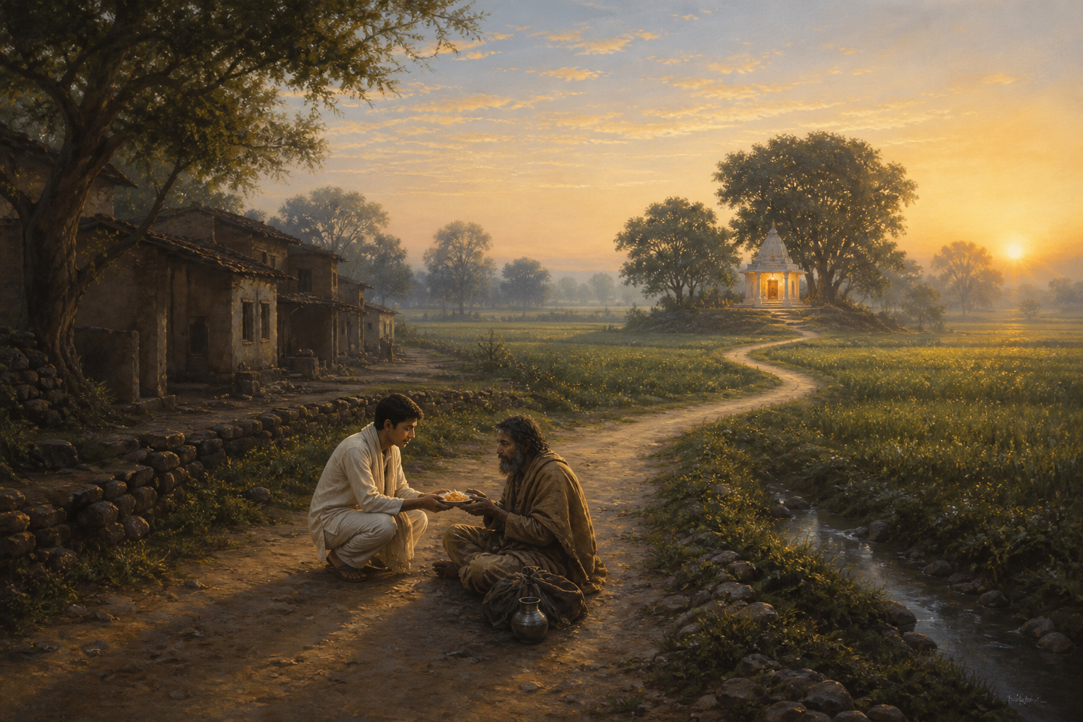 A young Indian seeker shares food with a traveler beside a winding path that leads toward a small shrine at sunrise.