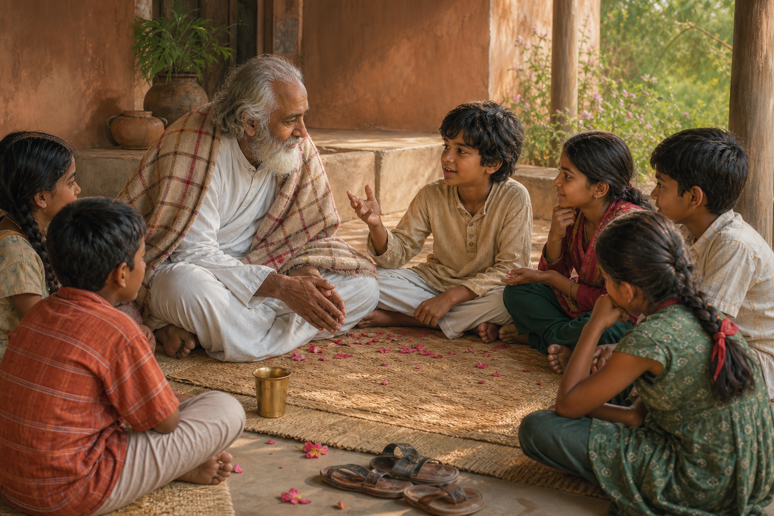 An elderly spiritual teacher listens as children talk while seated together on woven mats in an ashram veranda.