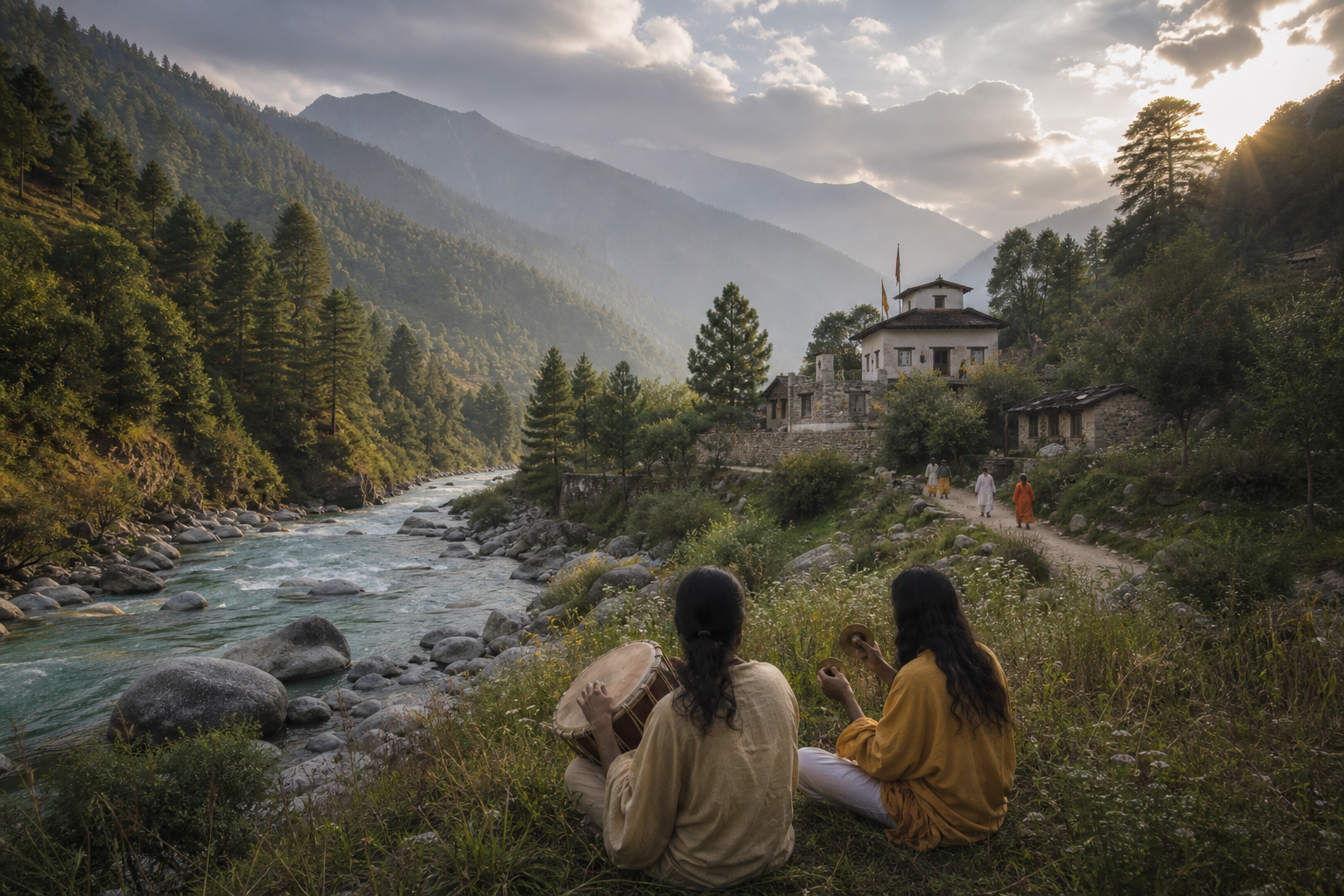 Pilgrims approach a small Himalayan ashram while two musicians play a hand drum and cymbals beside a river.