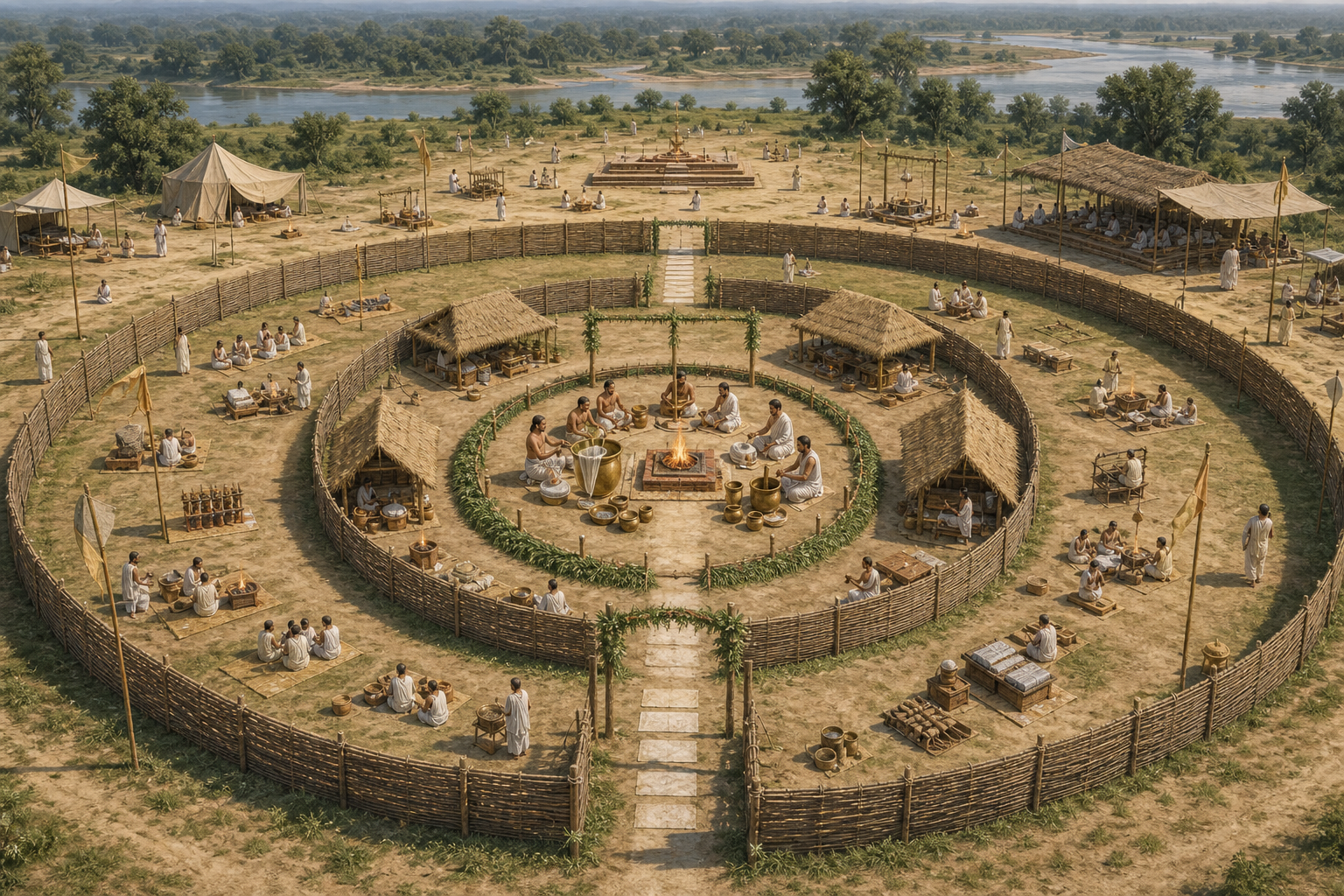 Nested Vedic ritual spaces show a large ceremonial setting surrounding a smaller rite focused on Soma pressing and offering.