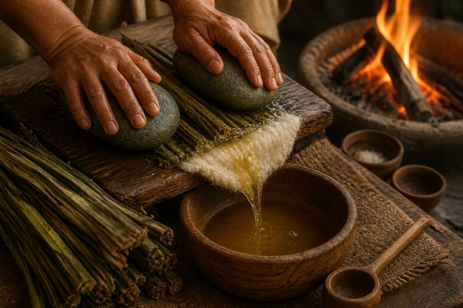 Hands press plant stalks with stones and filter the expressed liquid into a wooden vessel beside a ritual fire.