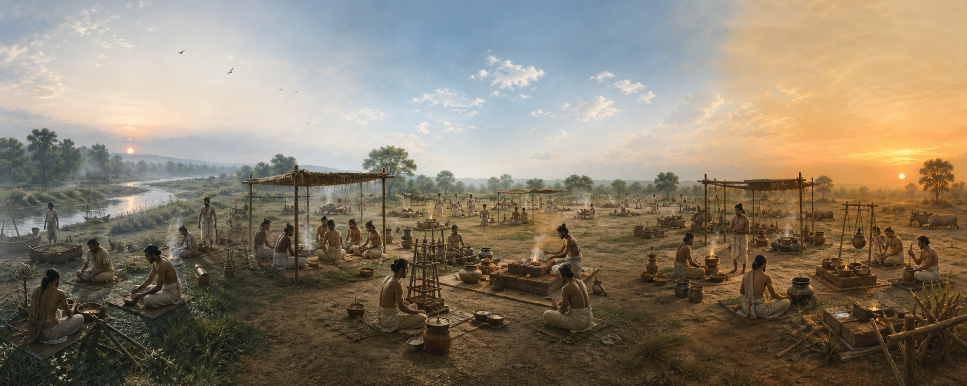 A Vedic sacrificial ground is shown from dawn through evening with recurring preparations, offerings, fire tending, and periods of rest.