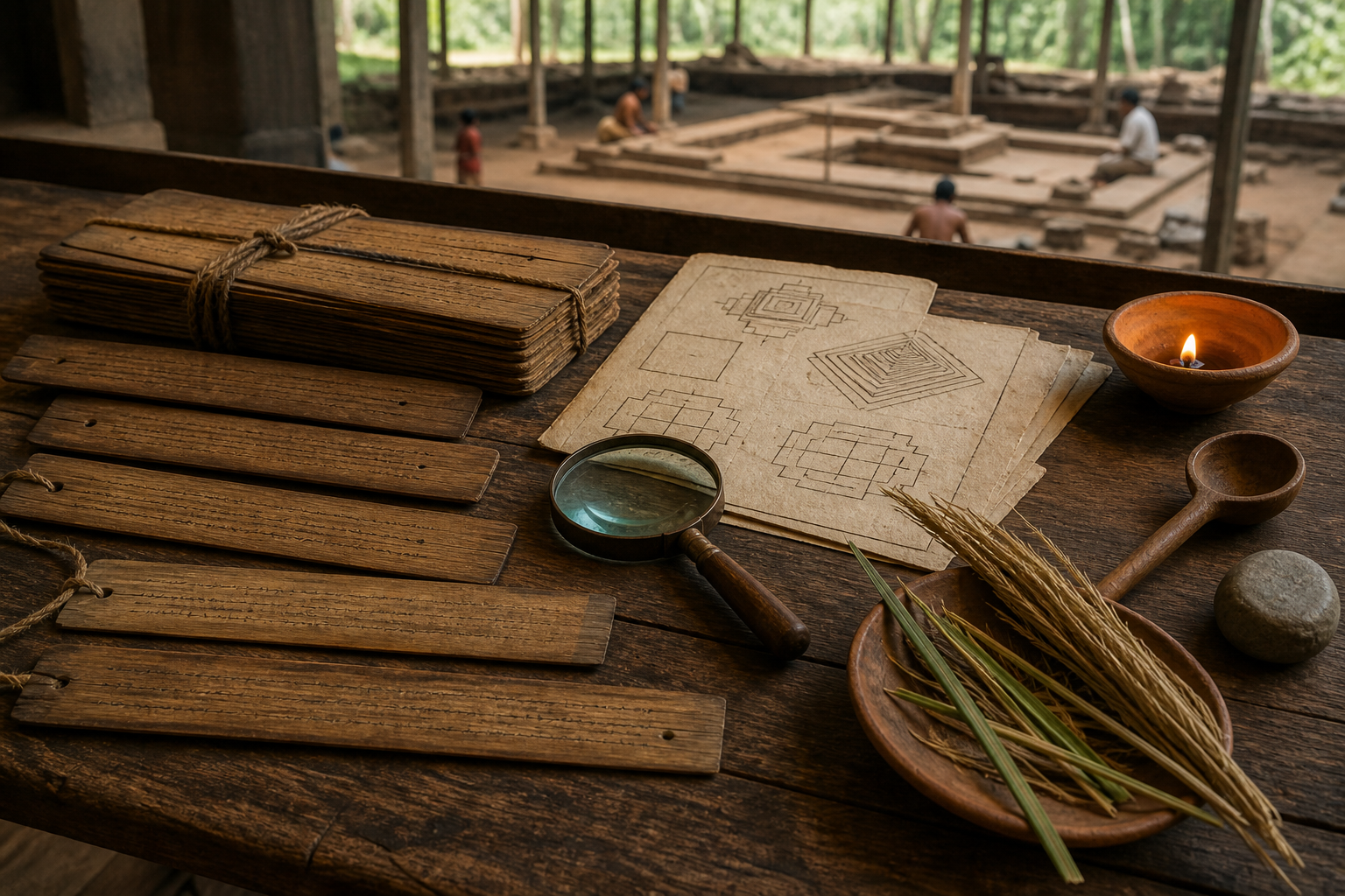 Palm-leaf folios, a clay lamp, ritual grass, a wooden ladle, a pressing stone, and geometric sketches rest on a scholar's work surface.