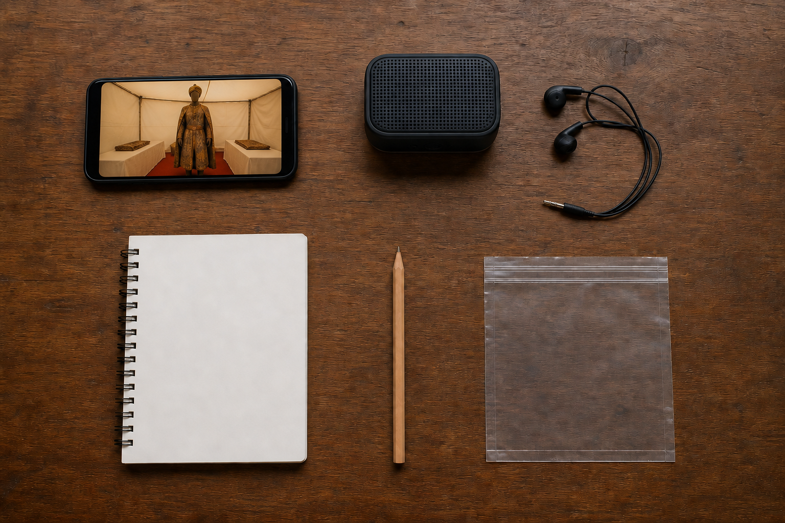 A phone, loudspeaker, earphones, blank notebook and evidence sleeve are arranged separately on a wooden desk.