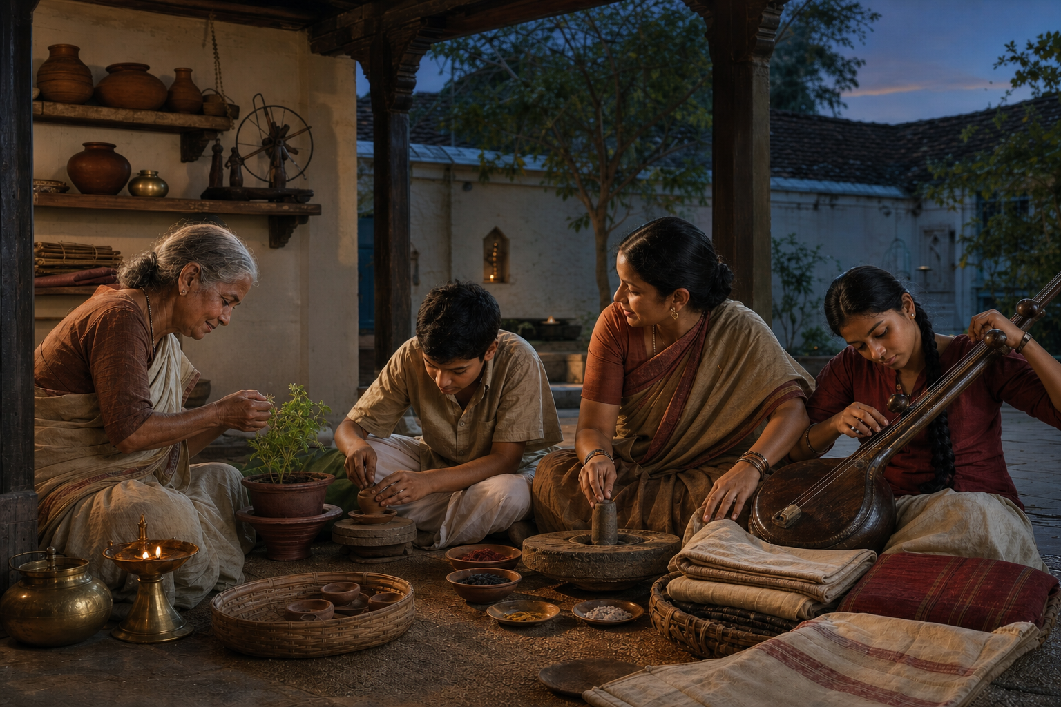 An elder and a mother teach two young people to tend a plant, shape a clay lamp, prepare pigment, tune an instrument, and fold handwoven cloth in a courtyard.