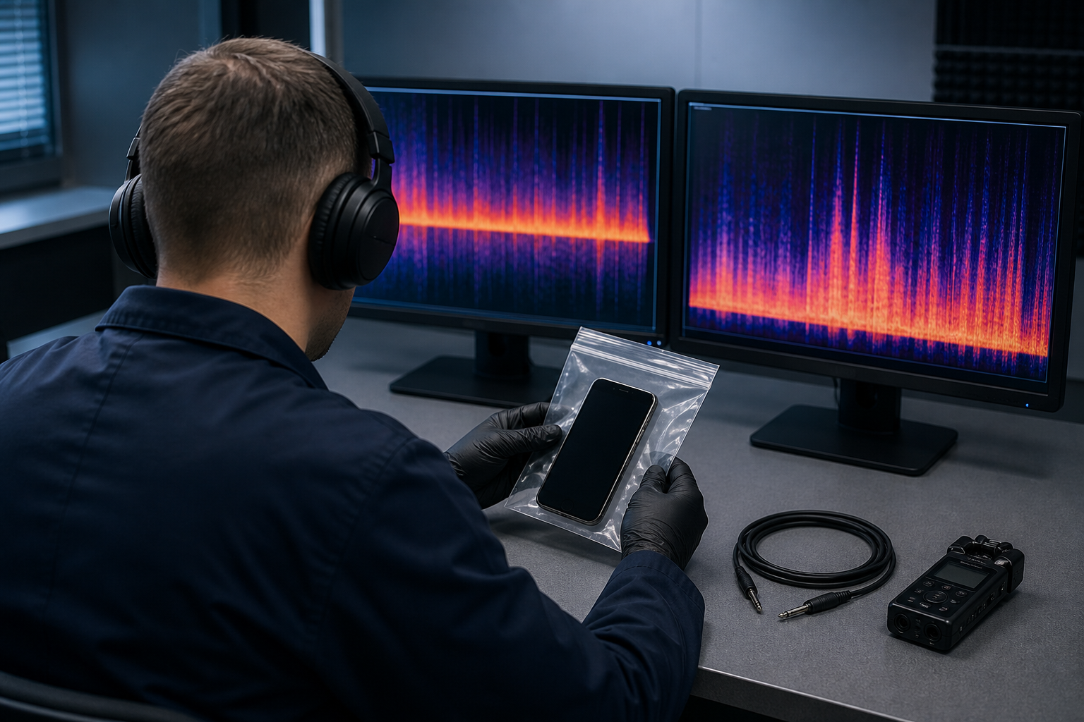 A forensic technician examines an abstract audio spectrum while a sealed smartphone and recorder sit on the laboratory desk.