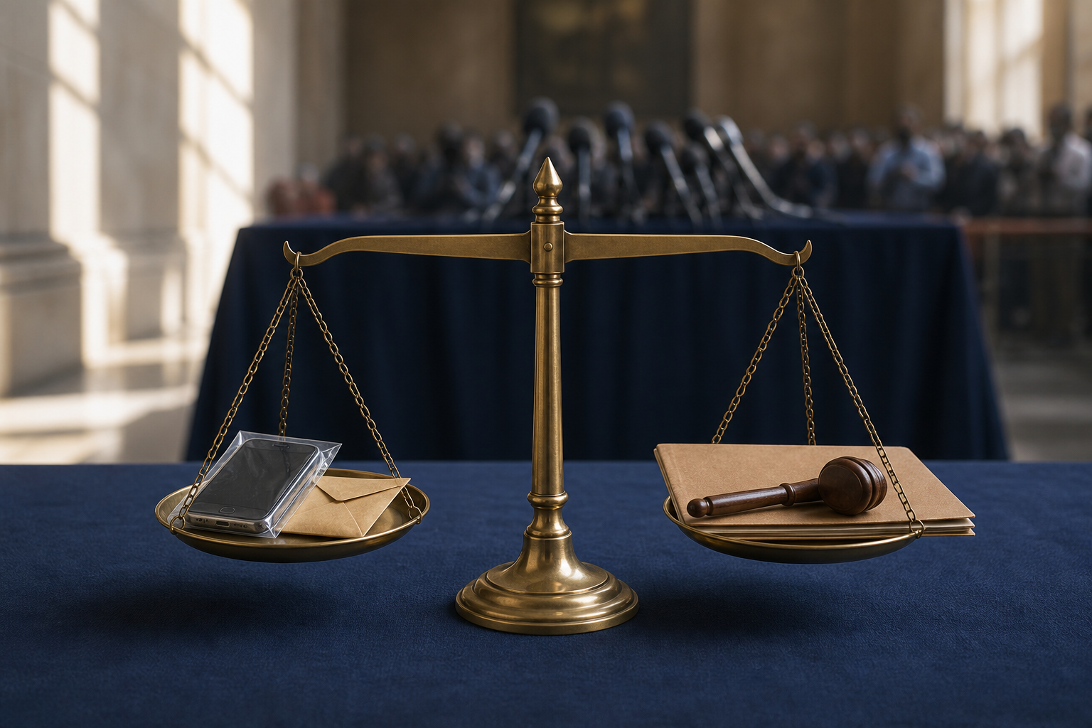 A level brass scale holds digital evidence and legal objects, with press microphones and an indistinct crowd in the background.