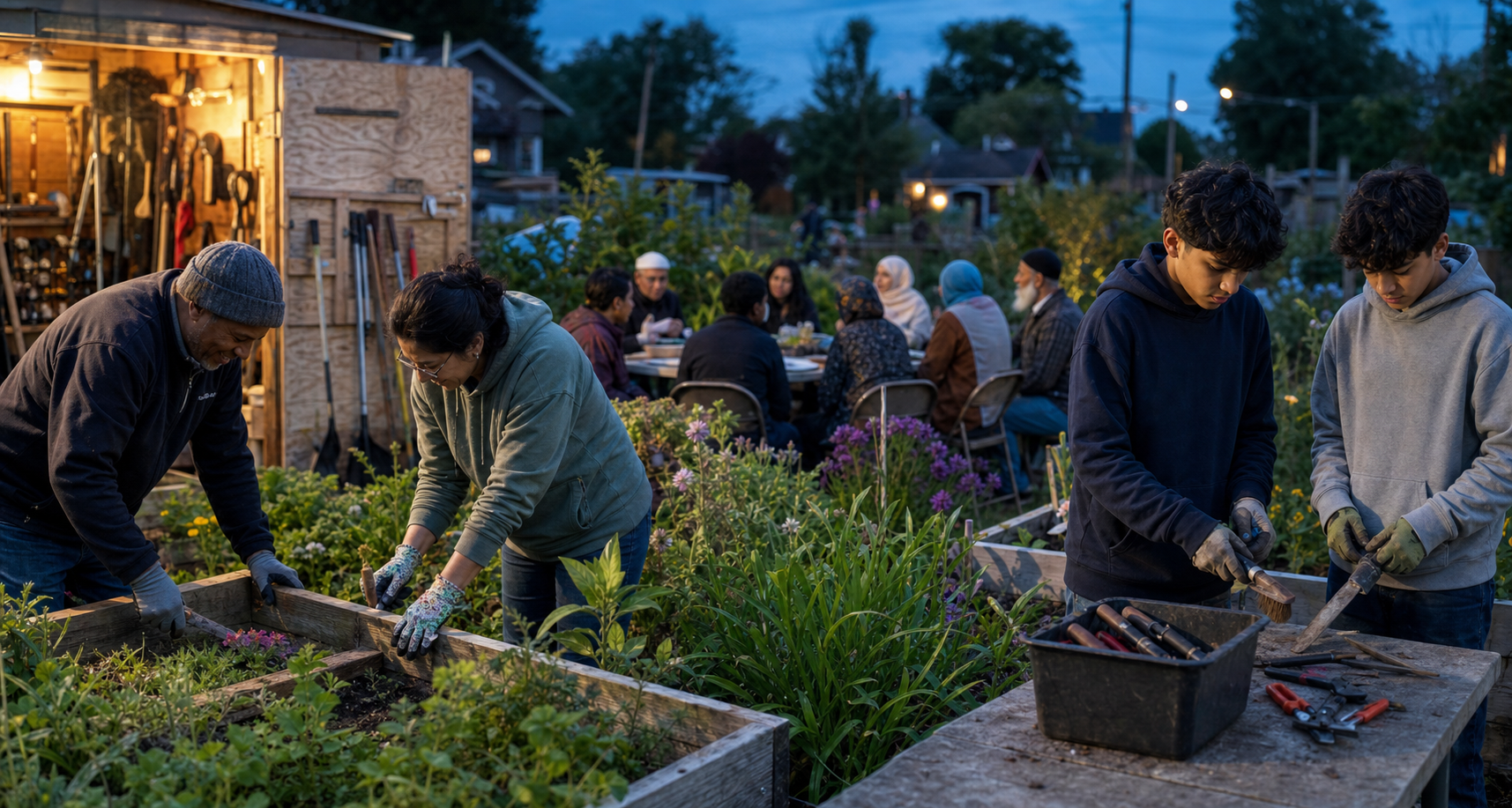 Returning volunteers maintain a community garden while other residents meet nearby to plan the next restoration task.