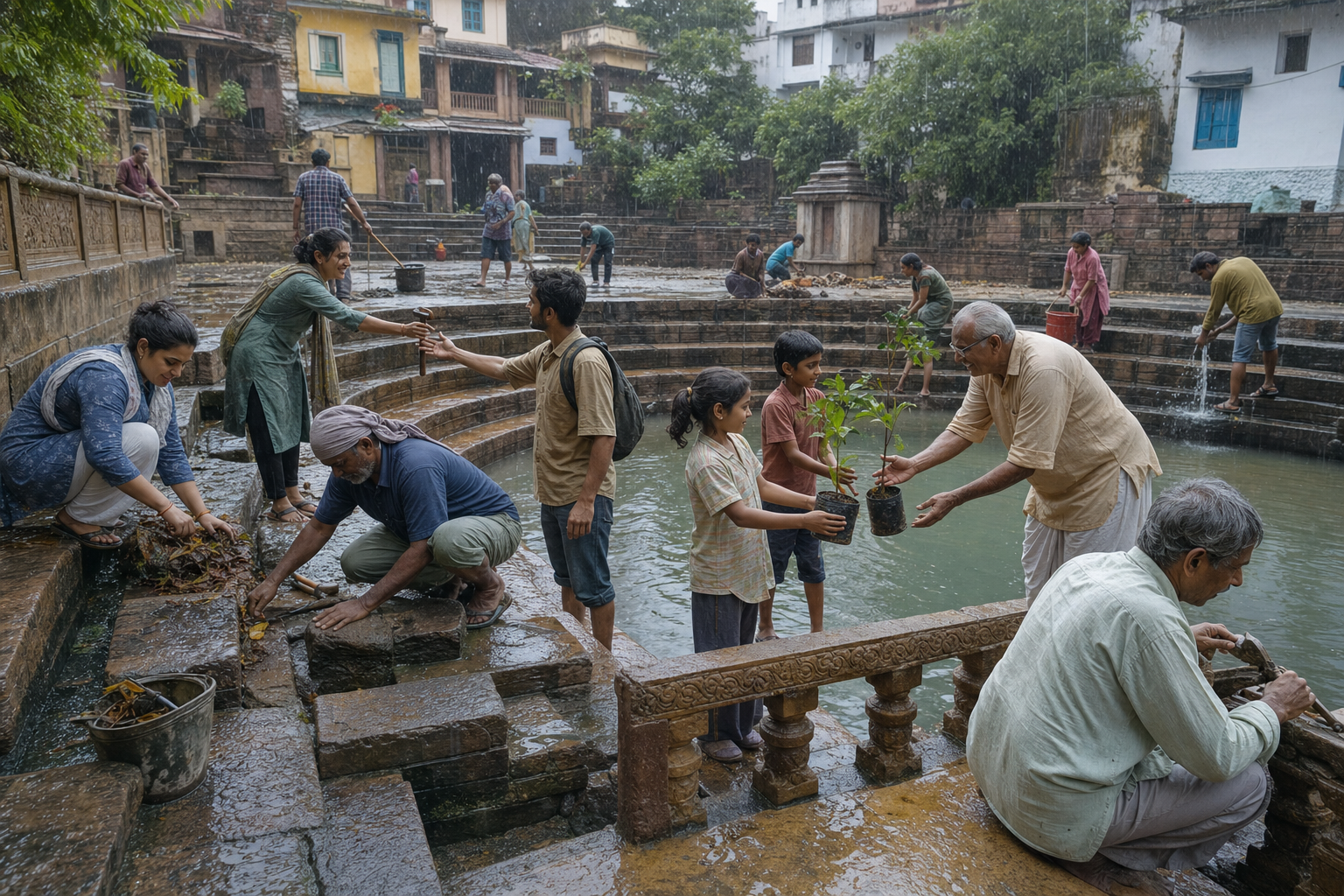 People of different ages and backgrounds restore a rain-wet stepwell together by repairing stonework, clearing a channel, and planting saplings.