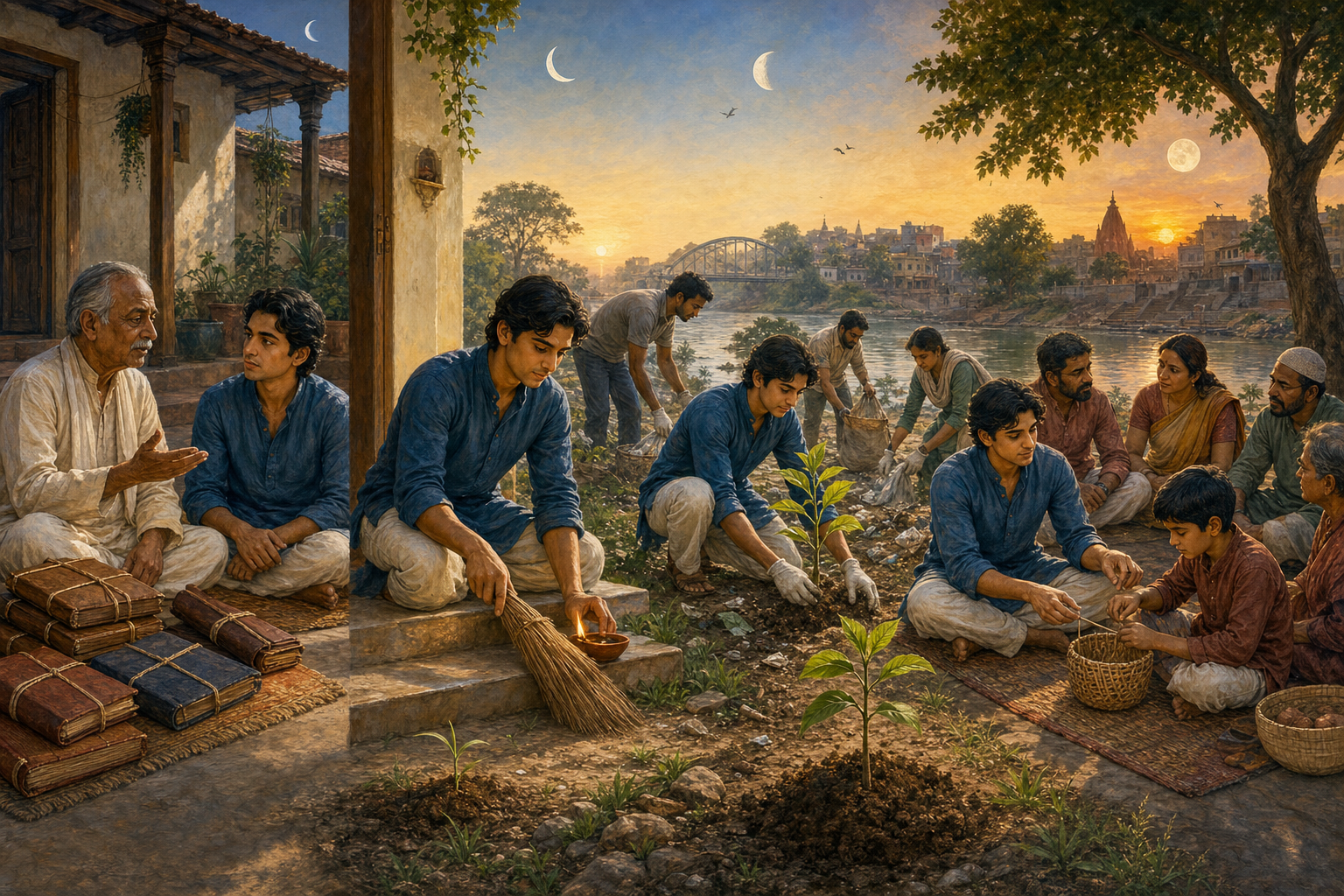 Four connected scenes show the same person learning from an elder, maintaining a daily home practice, serving with neighbors outdoors, and sharing a craft in a discussion circle.