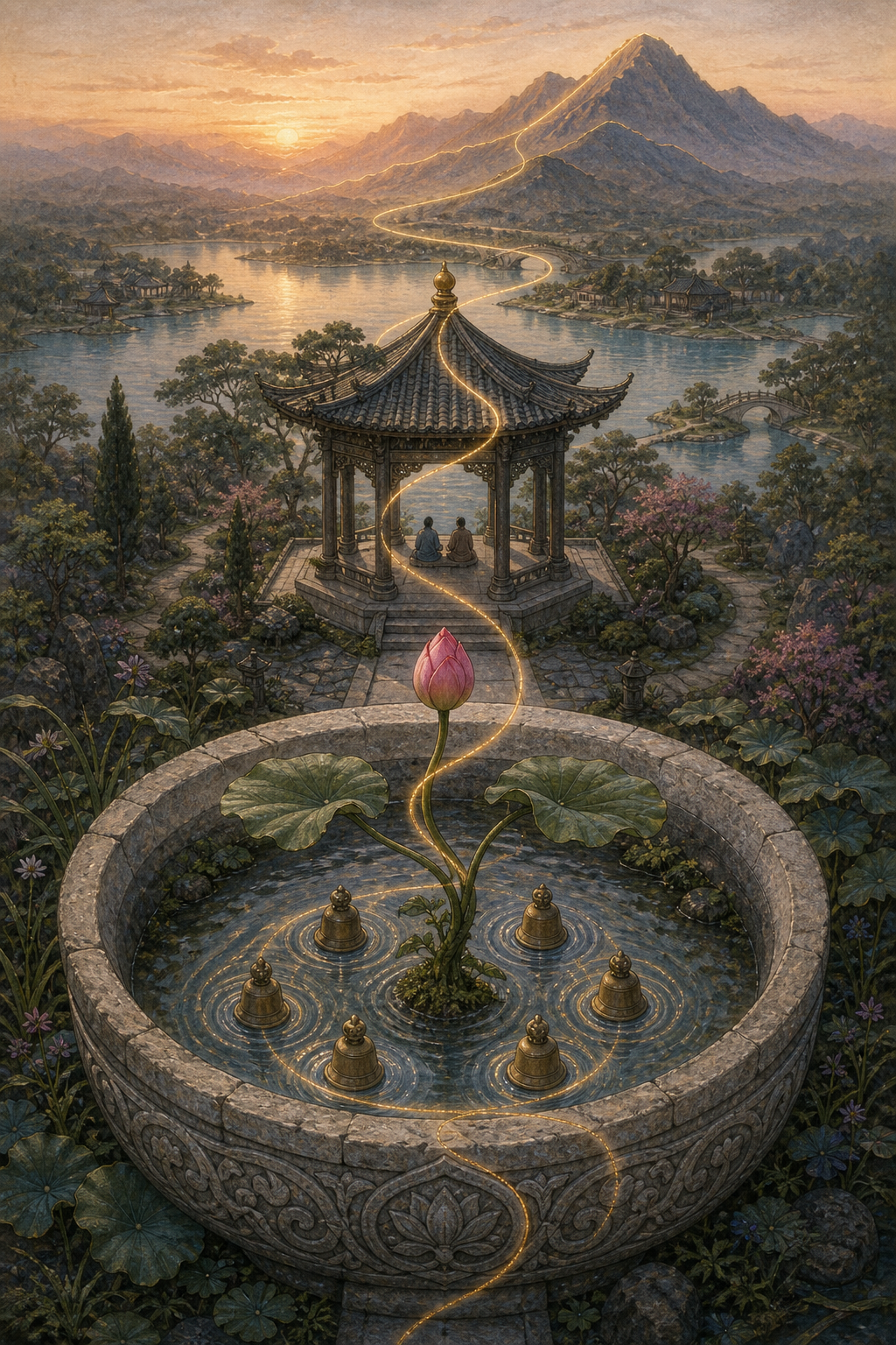 Six nested visual scales expand from small bronze bells and ripples to a lotus, a curved plant, a stone basin, a pavilion scene, and an entire mountain garden.