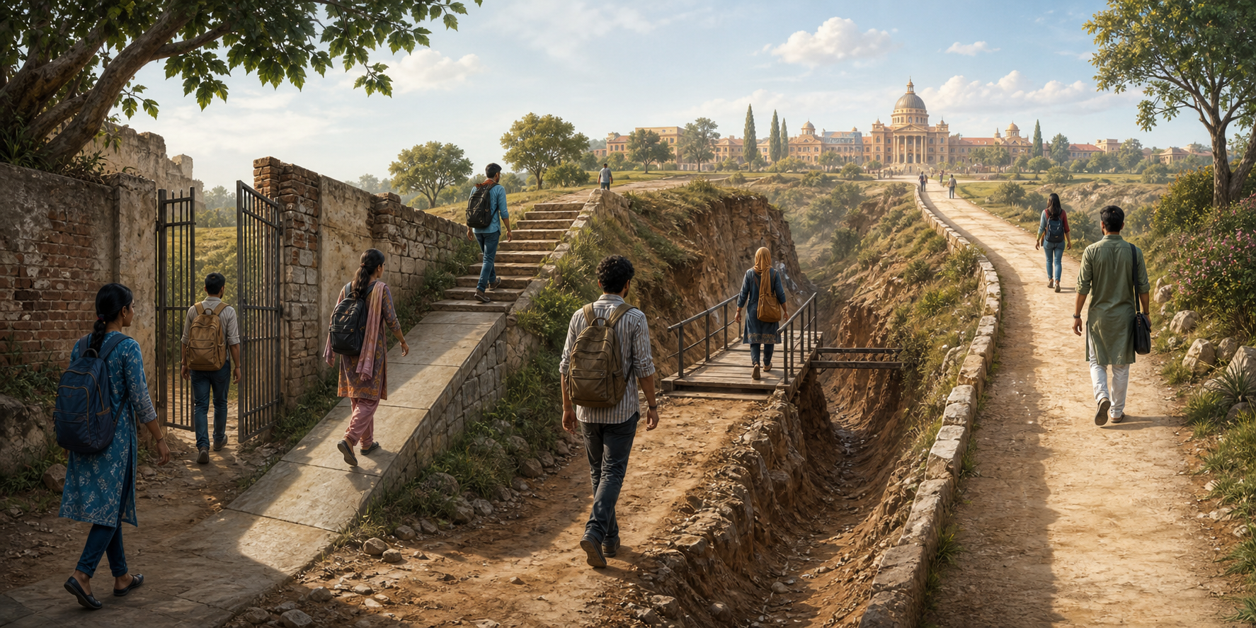 Young Indian adults travel toward the same public institution on paths affected by walls, missing steps and other unequal obstacles, with bridges and ramps providing access.