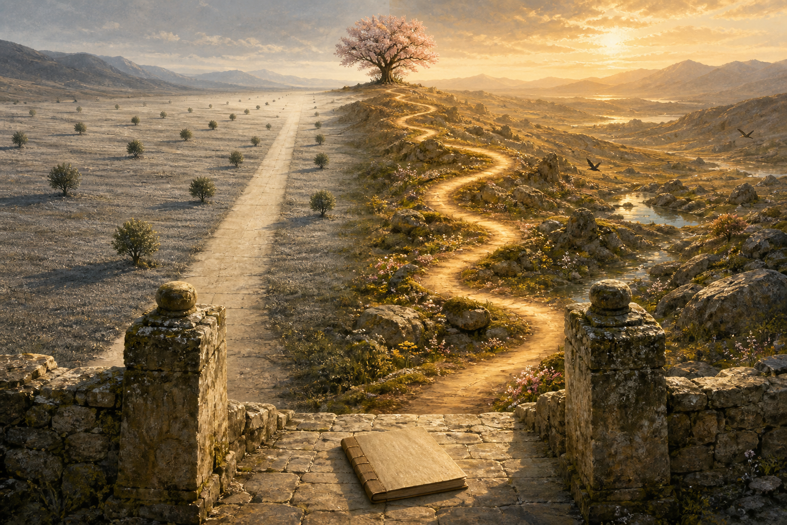A straight pale road and a winding richly detailed path lead from the same stone gateway to the same flowering tree.