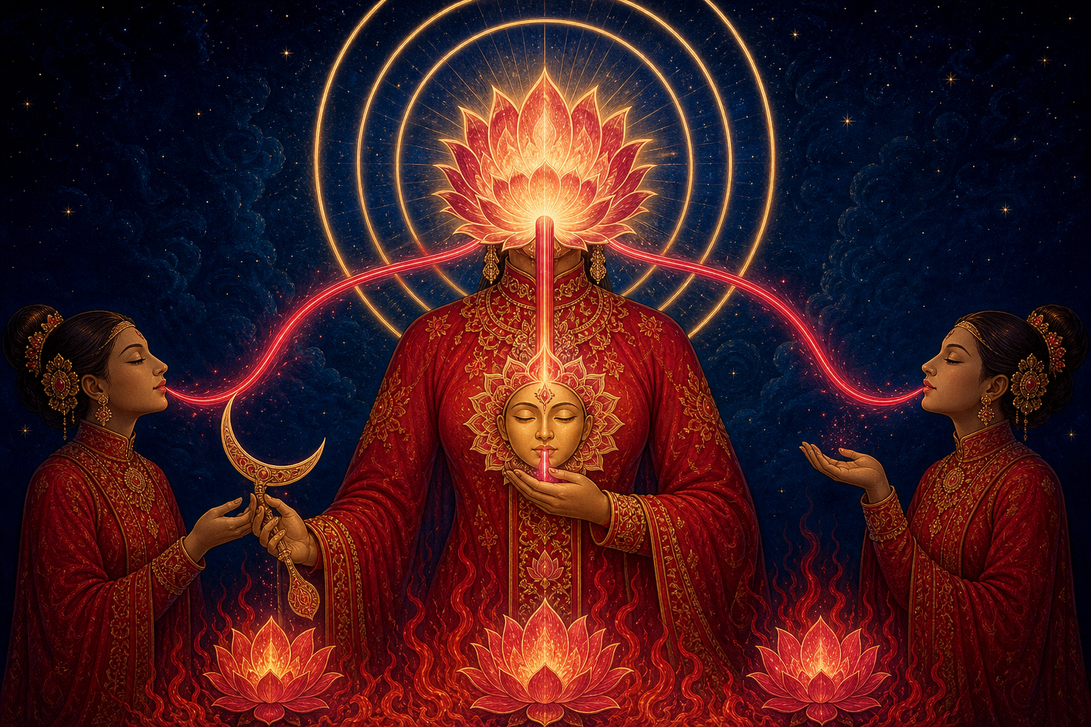 Chinnamasta holds a curved blade and her serene severed head while three luminous red streams curve toward her head and two attendant yoginis.