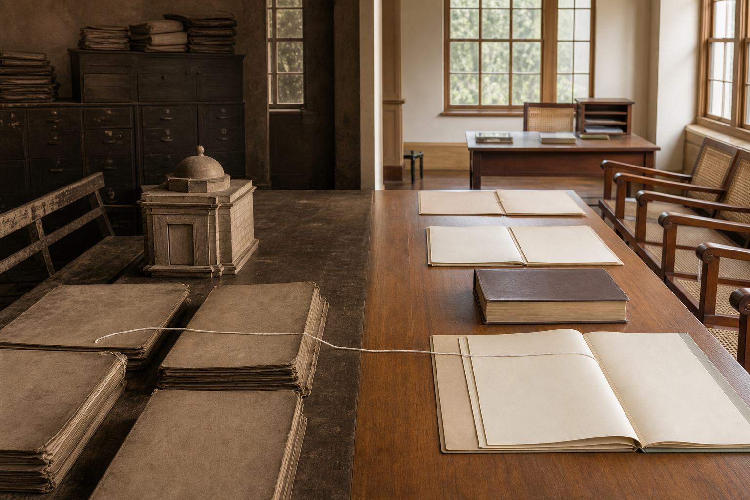 A records table connects an old cabinet and worn school bench with newer policy files, a blank legal volume and open public seats.