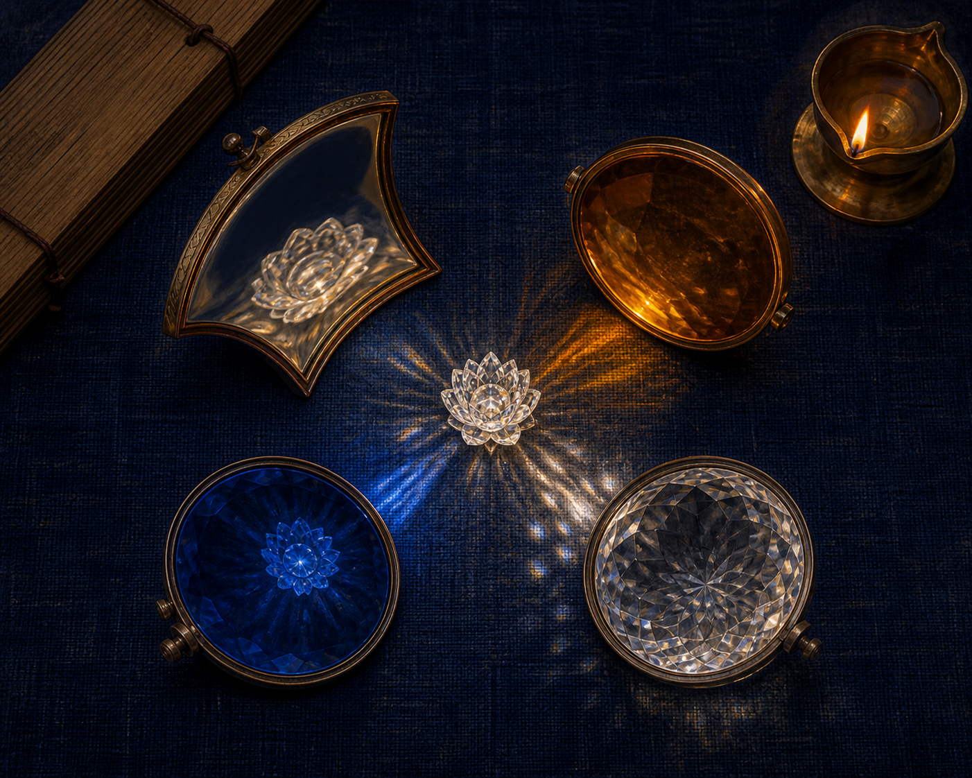 Four different mirrors and lenses surround a lotus-shaped crystal on indigo cloth, each changing its outline, color, glow, or facets.