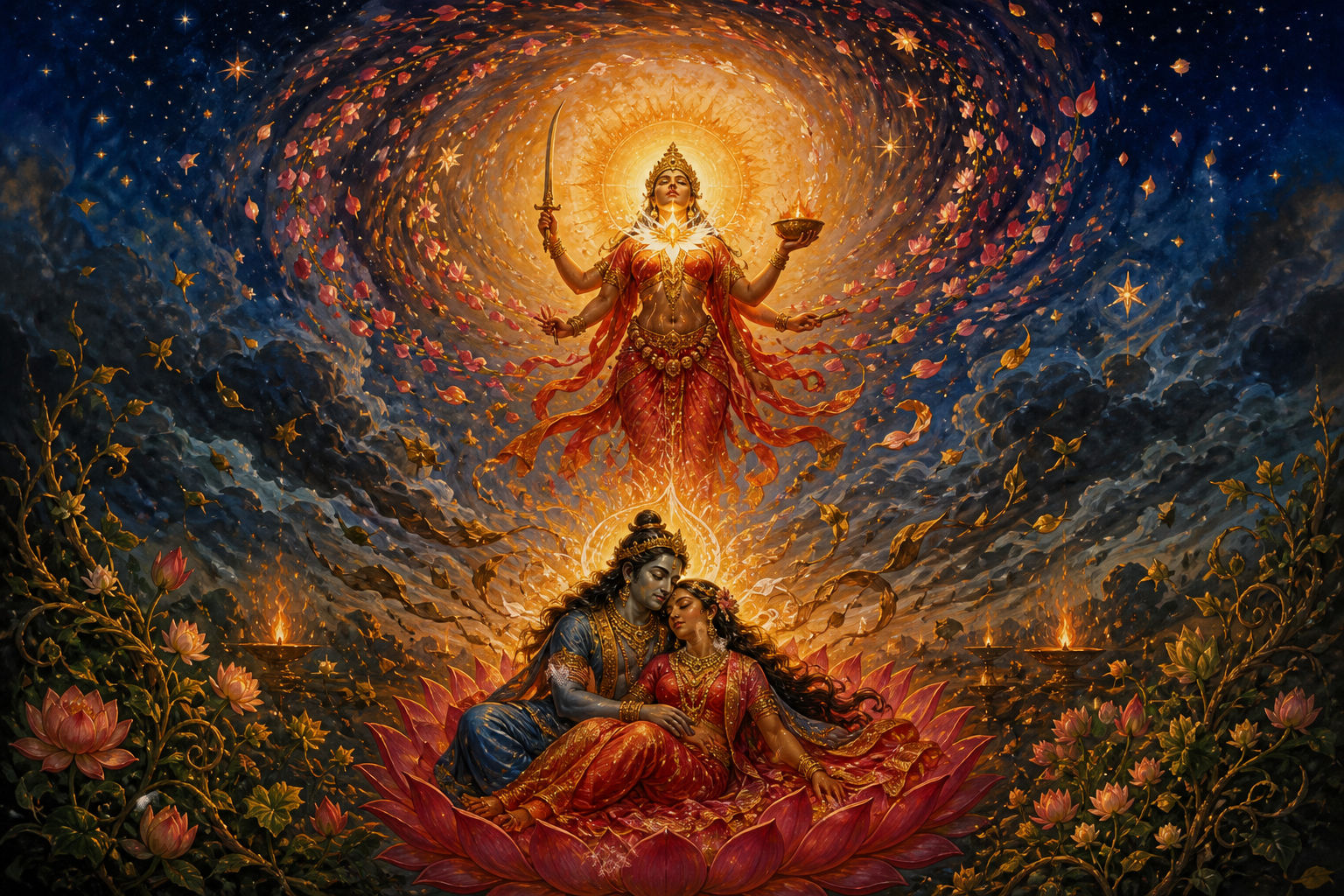 An embracing adult divine couple rests on a lotus beneath Chinnamasta as flowers, leaves, flames, clouds, and stars spiral upward and dissolve into light.