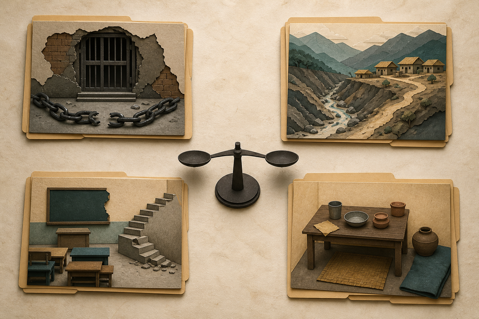 Four unmarked case folders on a policy desk contain miniature scenes of social exclusion, geographic isolation, educational barriers and limited household resources.
