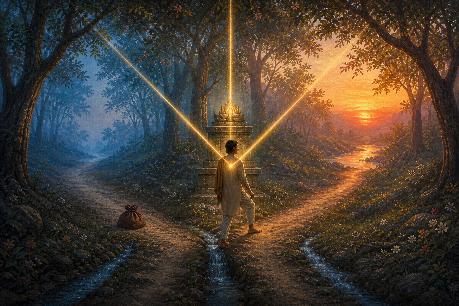 A practitioner steps onto one branch of a forest path at sunrise while leaving a closed bundle beside the other branch near a small lotus-flame shrine.