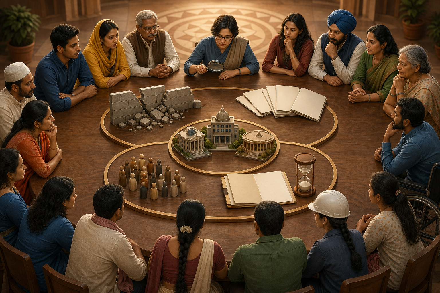 Citizens sit around a circular review table while an analyst examines five evidence objects representing disadvantage, legal category, policy setting, beneficiaries and reassessment.