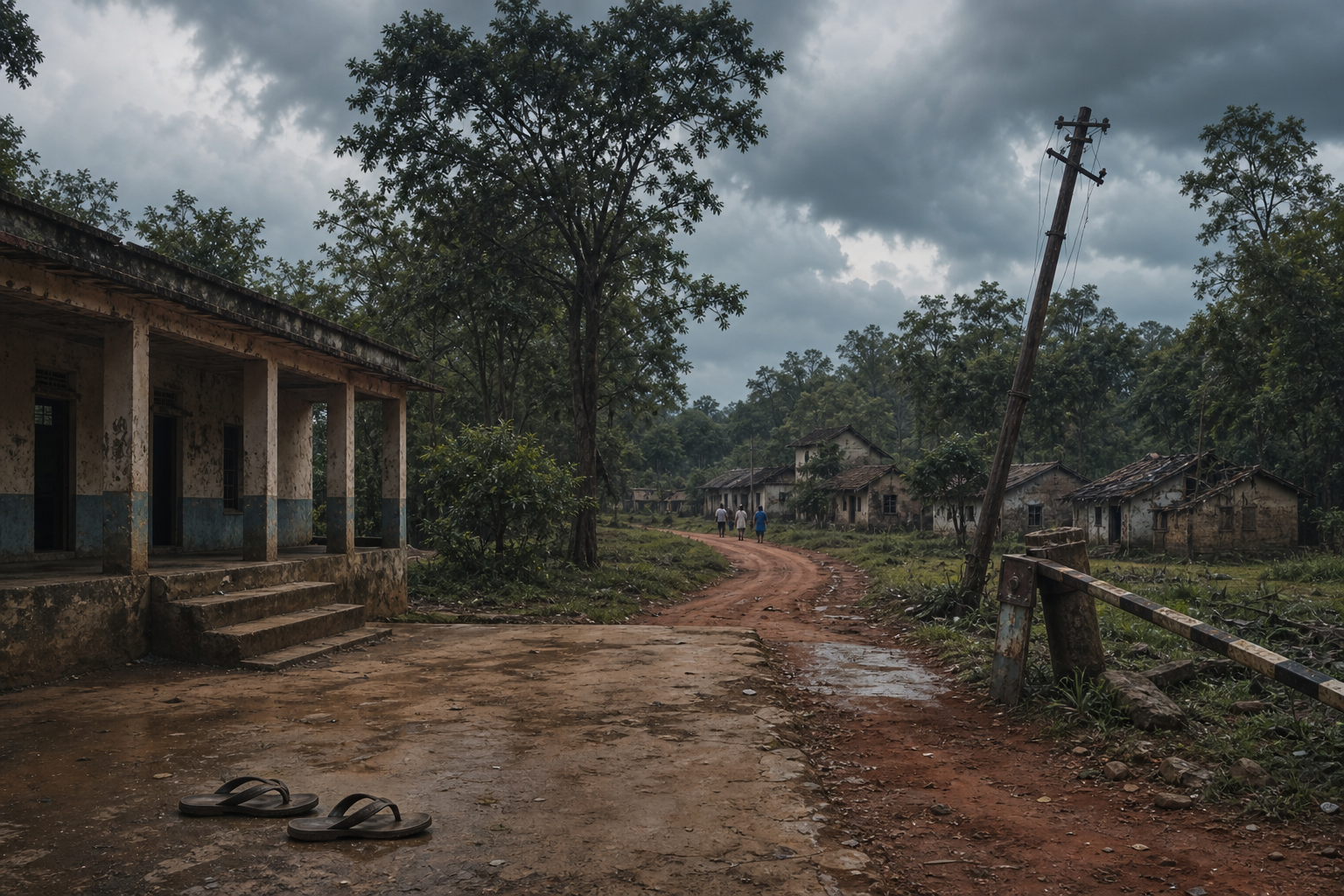 A forest road leads past an abandoned barrier and damaged utility pole toward a rural Indian settlement beneath monsoon clouds.