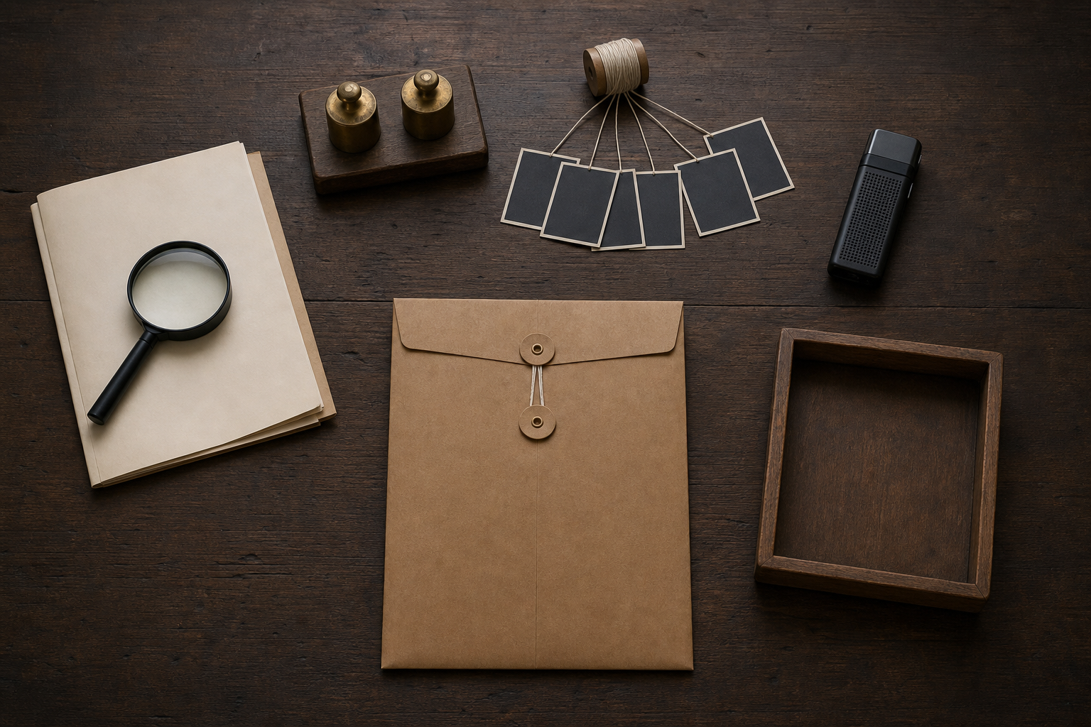Five evidence-related objects, including a magnifying lens, brass weights, a photo spool, a recorder, and an empty tray, surround a plain folder on a wooden table.