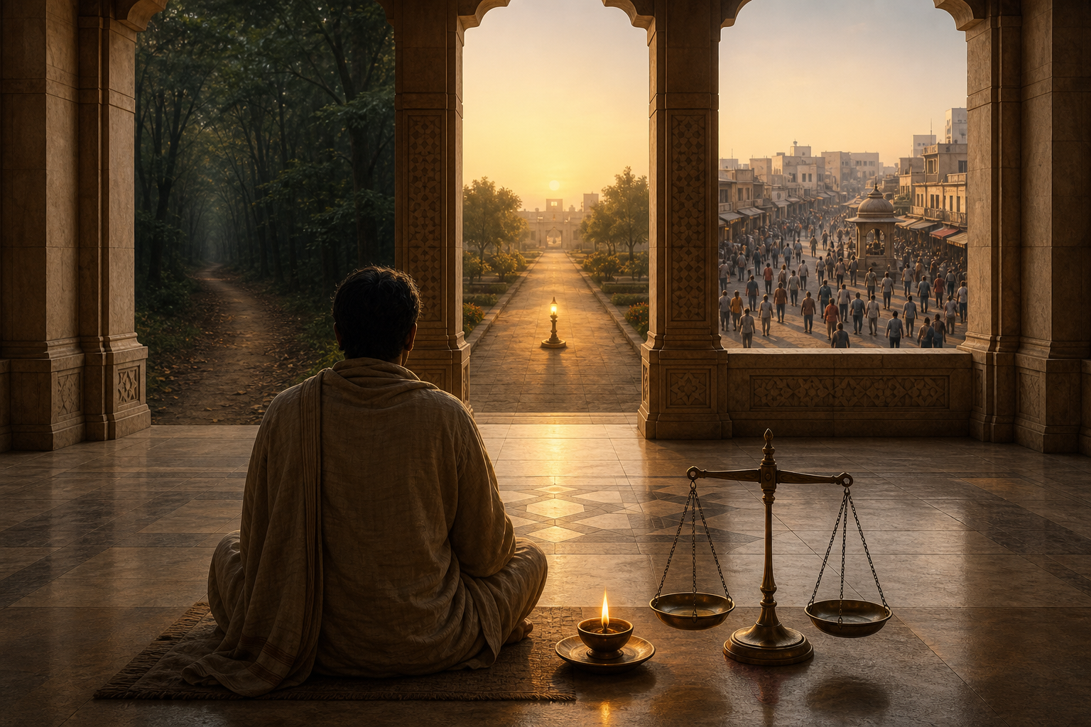 An anonymous figure sits beside an oil lamp and balanced scale while looking toward a forest path and a crowded public square.