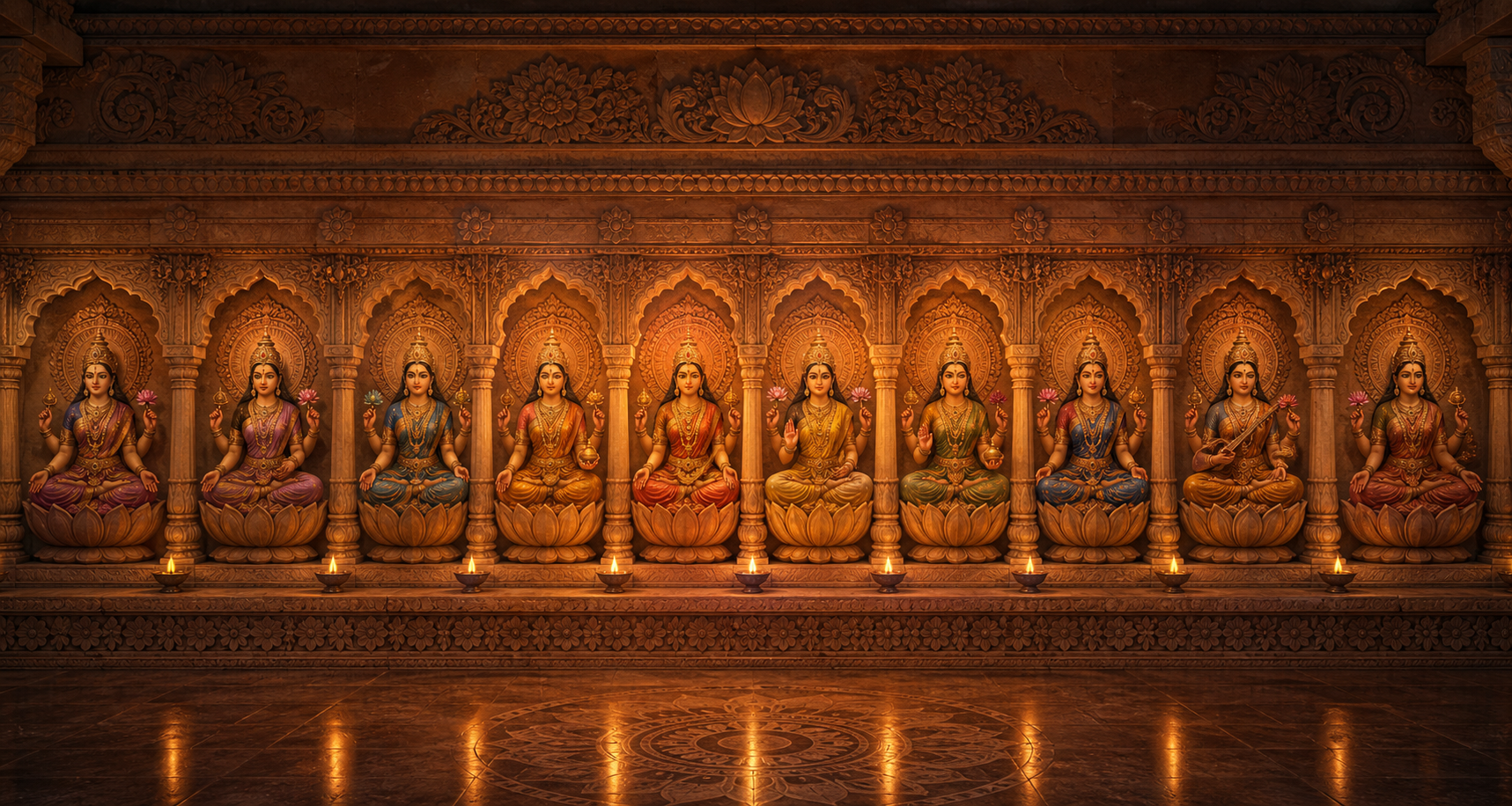A temple frieze with seven central goddess niches and two matching outer niches forming a unified group of nine.