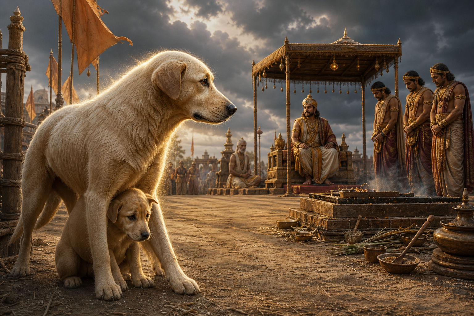 Sarama stands protectively beside her young pup while confronting King Janamejaya and his brothers at a royal fire sacrifice.
