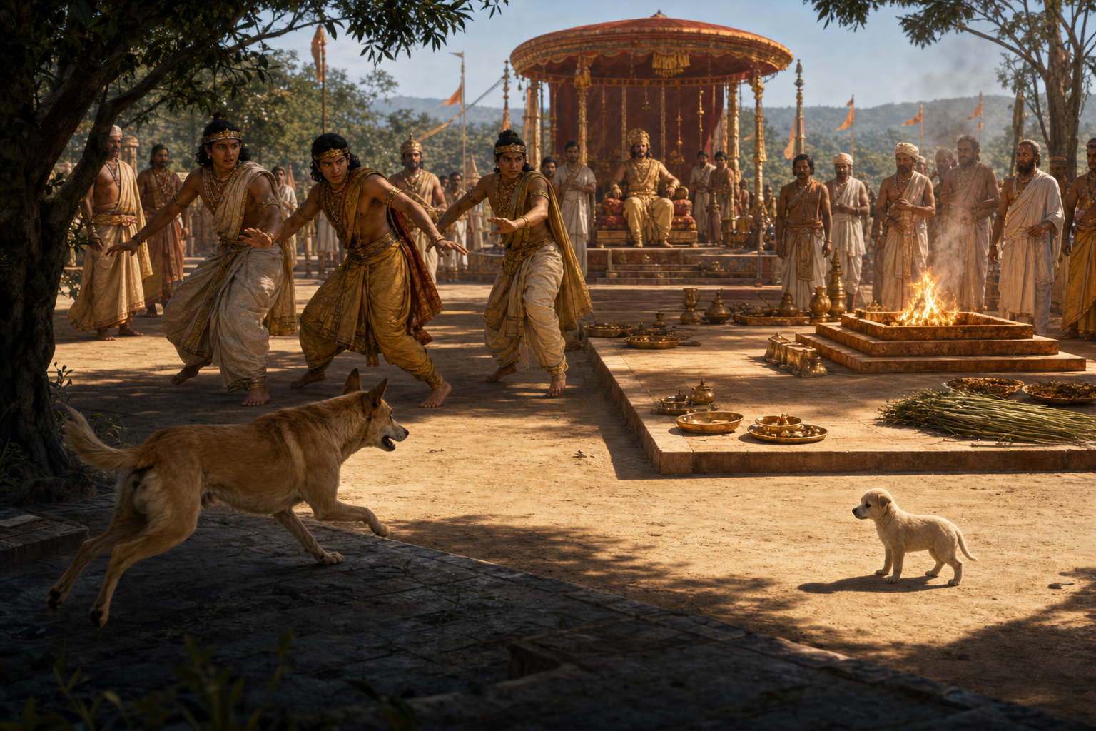 A frightened pup stands outside the ritual objects as Sarama approaches Janamejaya's brothers in the royal sacrificial enclosure.