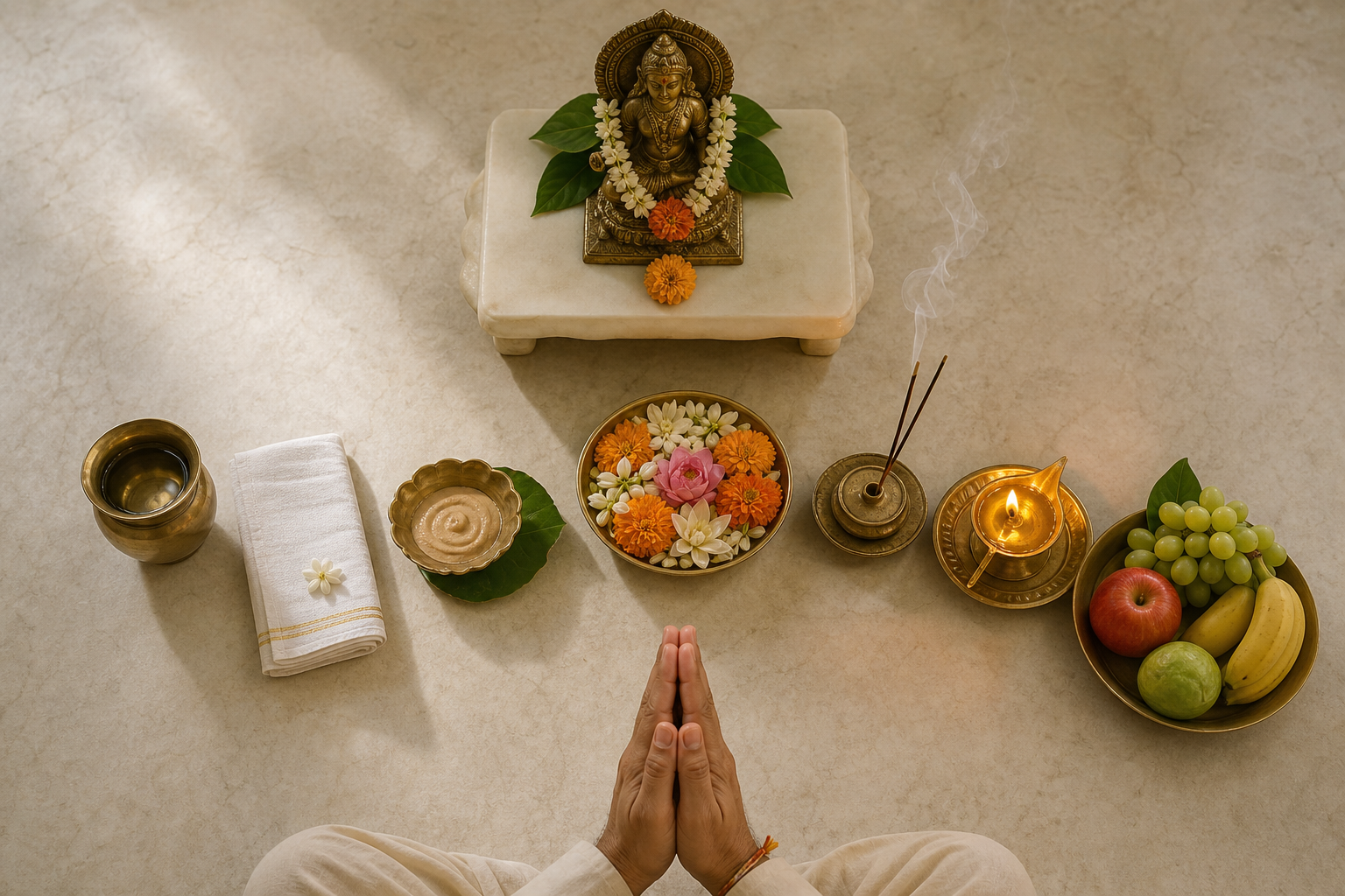 Puja articles form a curved sequence between a small altar and a devotee's joined hands, including water, cloth, sandalwood paste, flowers, incense, a lamp, and fruit.