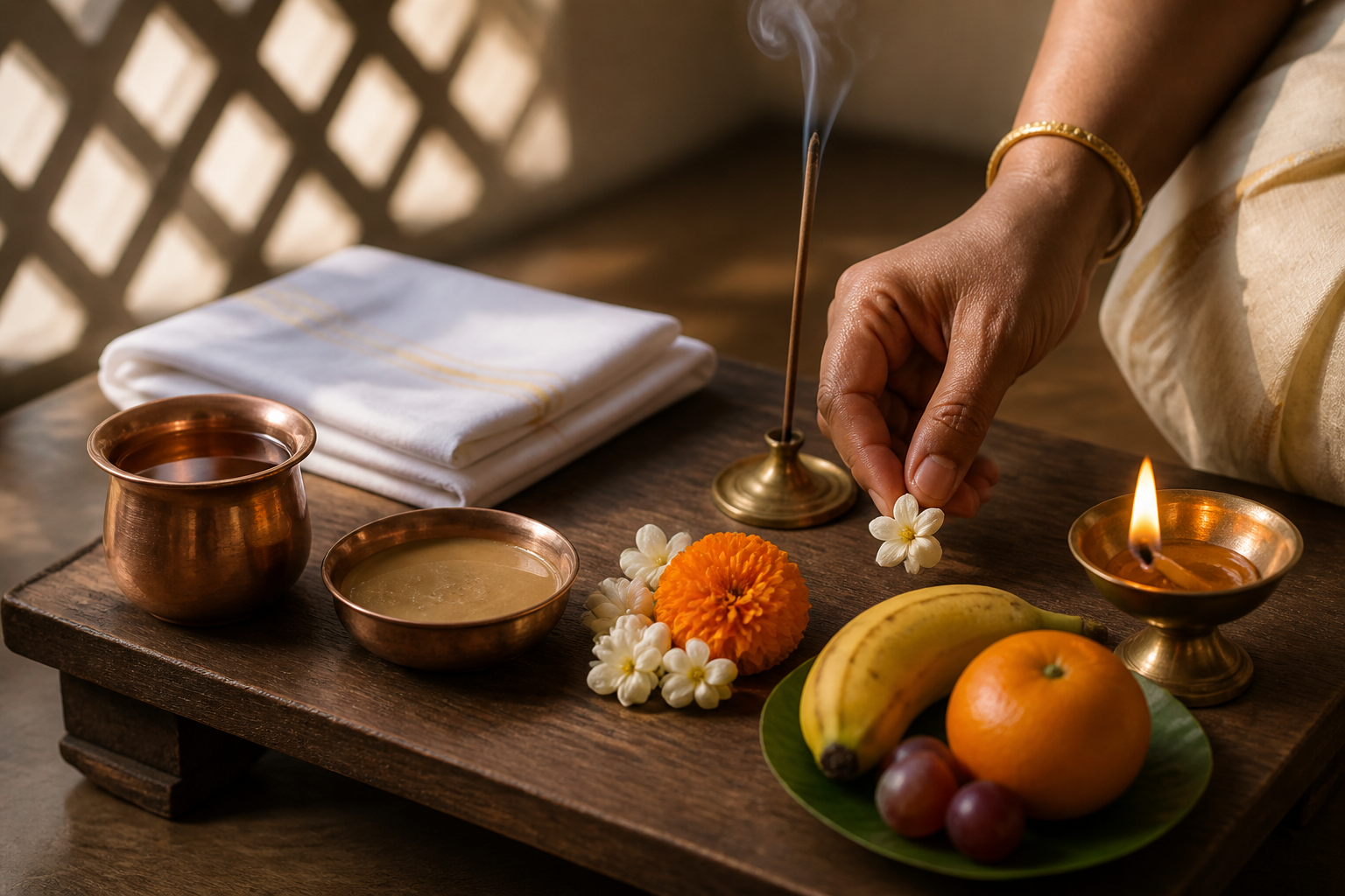 A hand places a flower beside water, sandalwood paste, folded cloth, incense, a ghee lamp, and fruit prepared for puja.