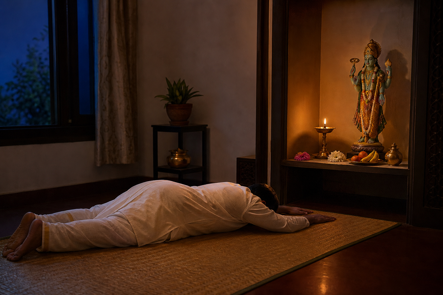 A devotee lies fully prostrated on a woven mat before a modest Vishnu altar lit by a steady ghee lamp.