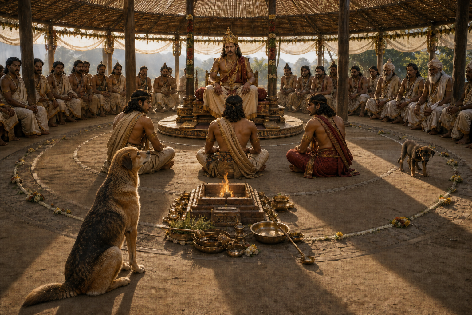 Janamejaya sits at the center of his sacrificial pavilion as his brothers, Sarama and the distressed pup remain within the reach of his royal authority.