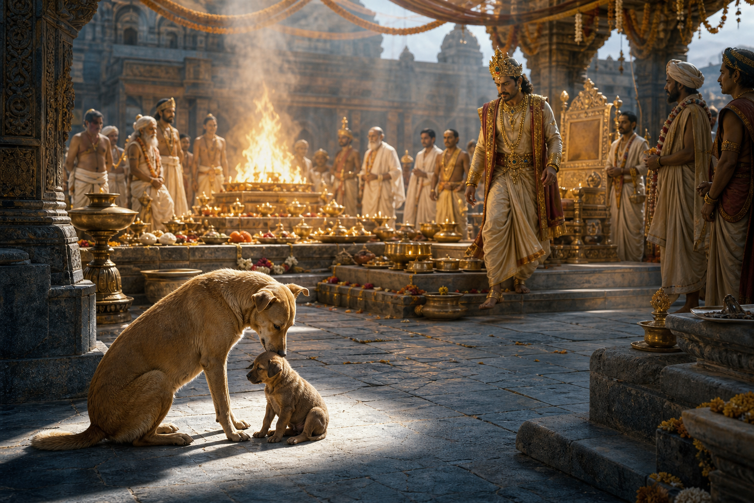 Sarama comforts her pup in the foreground while Janamejaya descends from his seat and a grand yajna continues behind them.