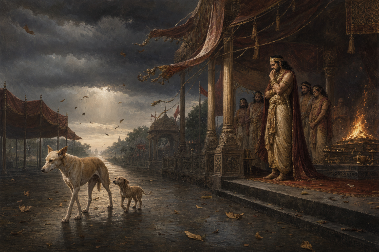 Sarama and her pup leave the royal yajna as Janamejaya and his brothers watch beneath a gathering storm sky.